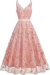 Long Floral Embroidery Dress for Women Flower Embroidered Maxi Dress Spaghetti Straps Formal Evening Party Tulle Prom Dress - Buy now