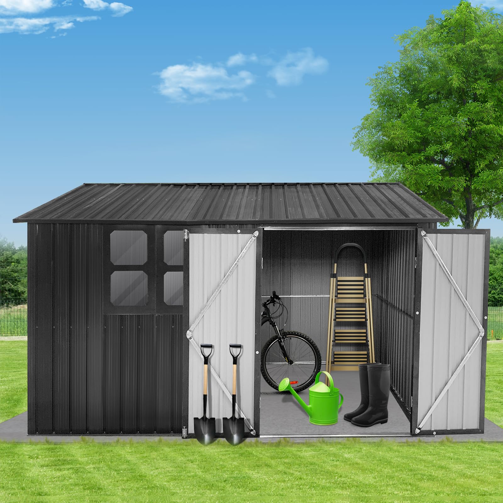 10X8 FT Outdoor Storage Shed with Floor Frame and Window, Large Garden Shed for Lawn Mower, Garbage Can, Bike, Metal Tool Sheds for Patio, Lawn, Waterproof Storage House, Black