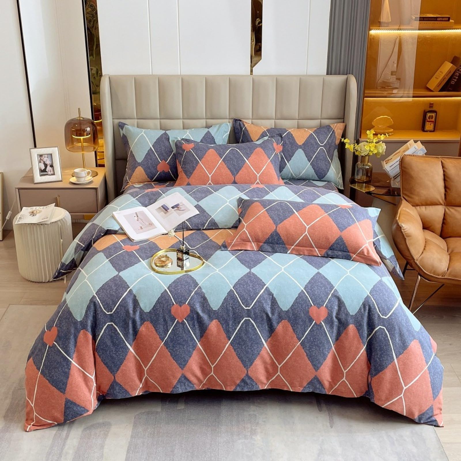 Parure de lit double 200 x 230 cm drap-housse taies d'oreiller coton brossé géométrique