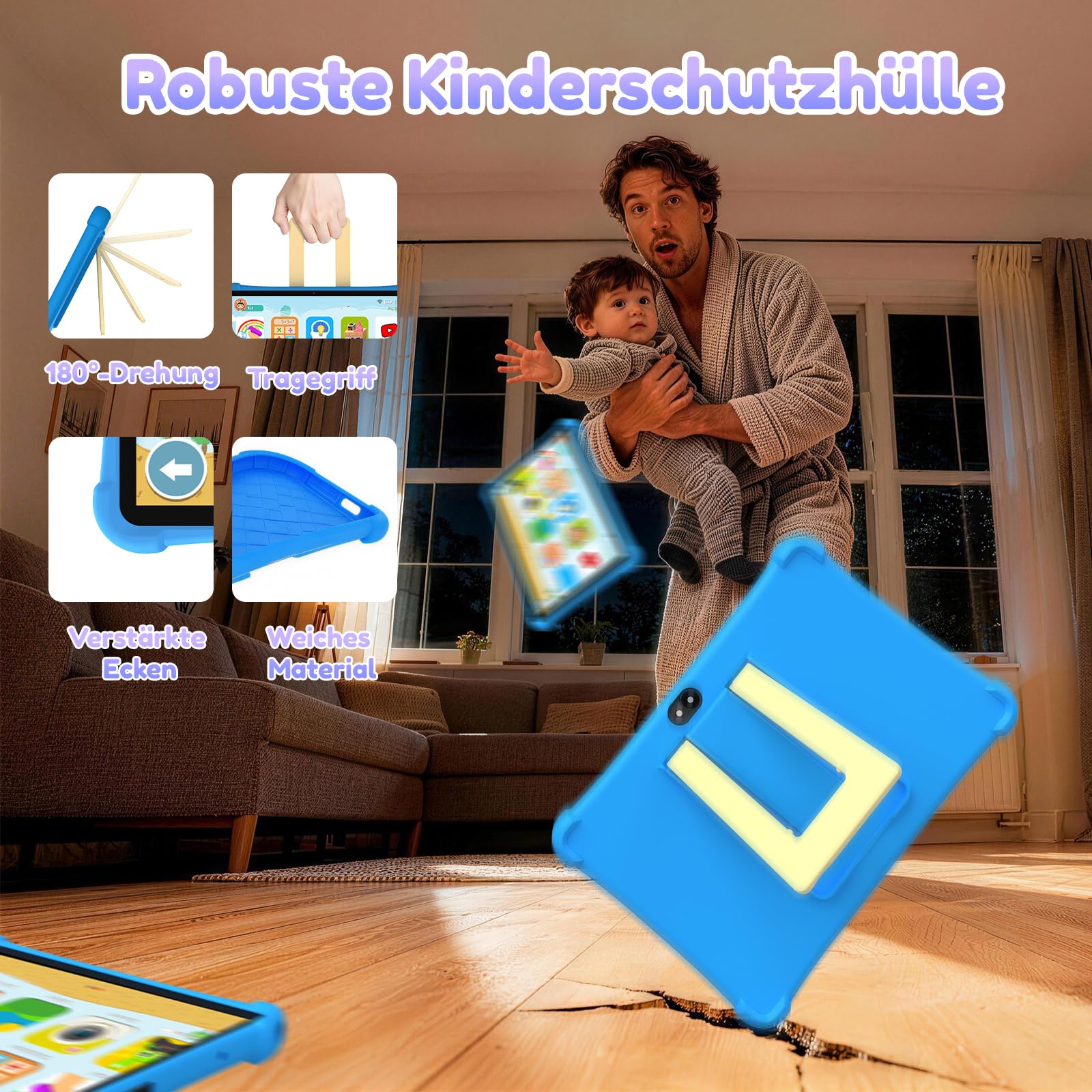 ALLDOCUBE 10-Zoll LTE-Kindertablet, iWaWa Kinderschutz, Android 15, Blau | 7GB RAM+64GB ROM (512GB TF), 5500mAh, 4G-Telefonie, GPS, Stoßfeste Schutzhülle, iPlay 70 SE