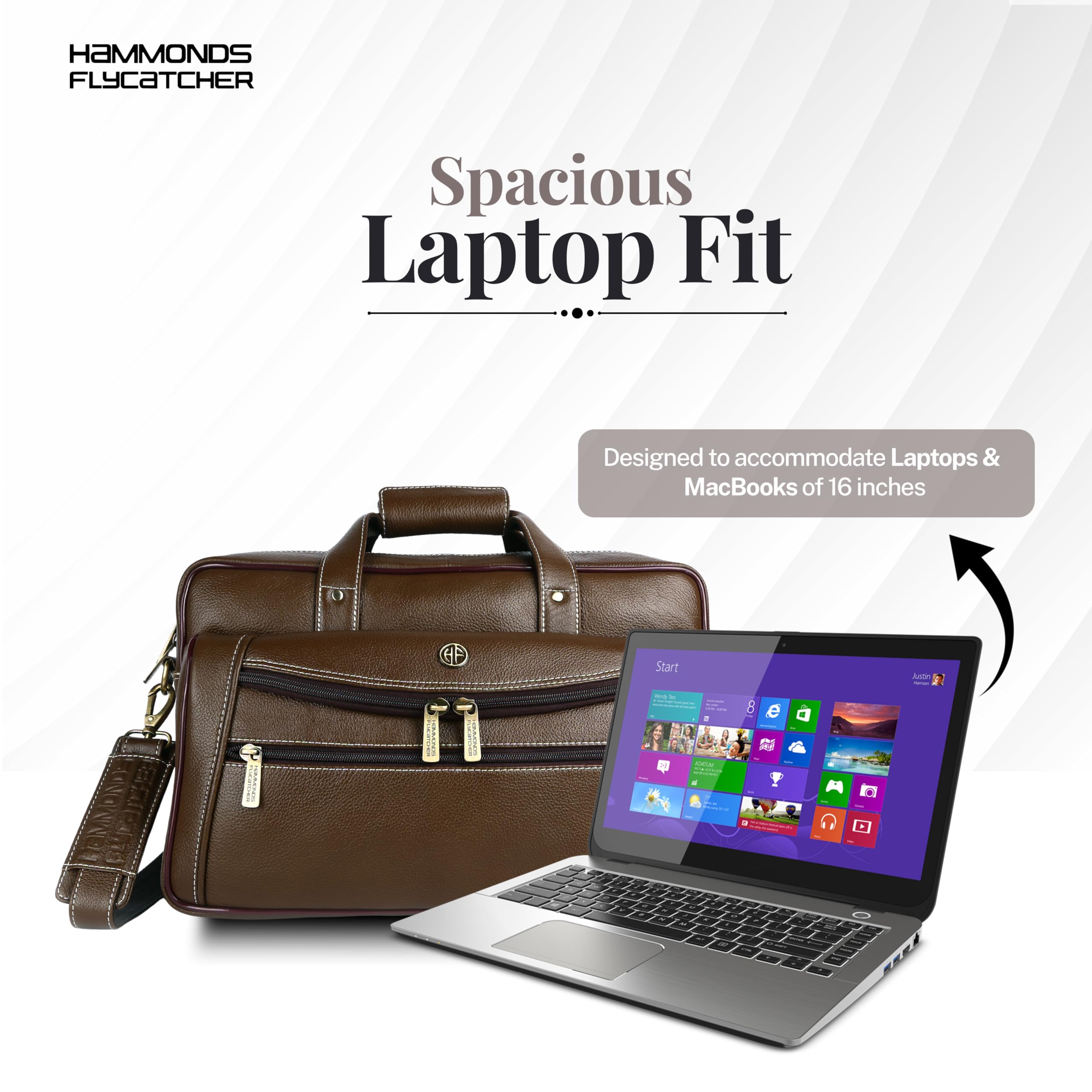 HAMMONDS FLYCATCHER Men Genuine Leather Office Bag - 15.6" Laptop Bag , Travel, Daily Use - Padded Laptop Compartment, Trolley Strap, Adjustable Strap, 1 Year Warranty, Brushwood, Brown 3