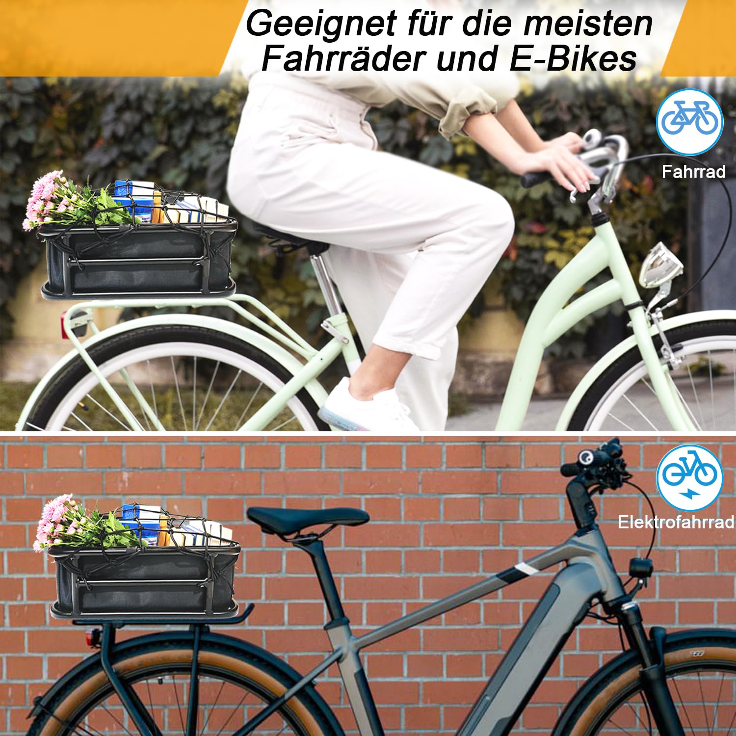 Panier de vélo arrière, grand panier de vélo Pro en métal à l'arrière, panier de vélo robuste porte-bagages arrière pour la plupart des vélos et vélos électriques pour les randonnées à vélo
