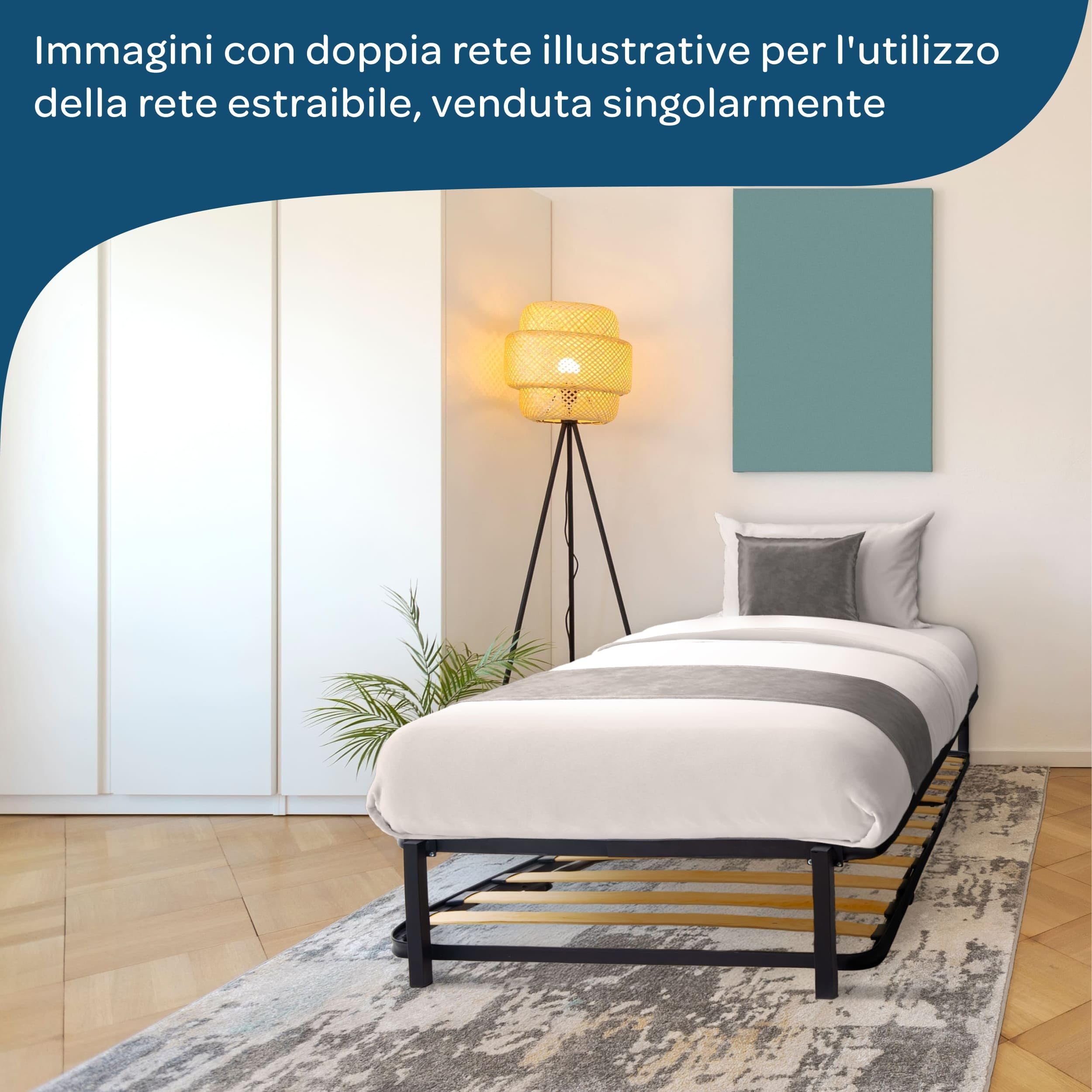 DOLCI SOGNI Letto a Scomparsa Singolo 80x190, Letto Estraibile con Struttura in Ferro, Letto Singolo Salvaspazio 100% Made in Italy, Rete Estraibile Sottoletto con Ruote per Ospiti