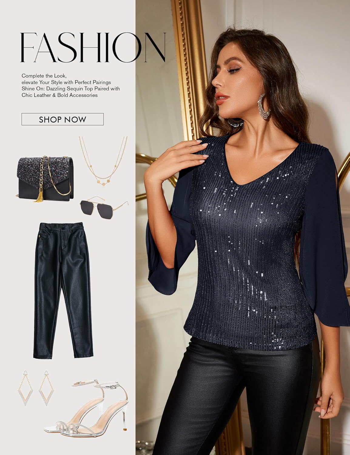 Dressystar Elegant Sequin Tops for Women, V-Neck Long Split Sleeve Blouses for Evening Party, Dressy and Sparkly Bling Shirt - Image 6