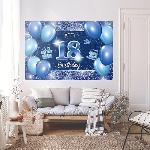 Miniatura 3 de Cartel de fondo de feliz cumpleaños 18 años, decoración azul  Dot Glitter Sparkle 18 años de edad, decoración temática de fiesta de cumpleaños para