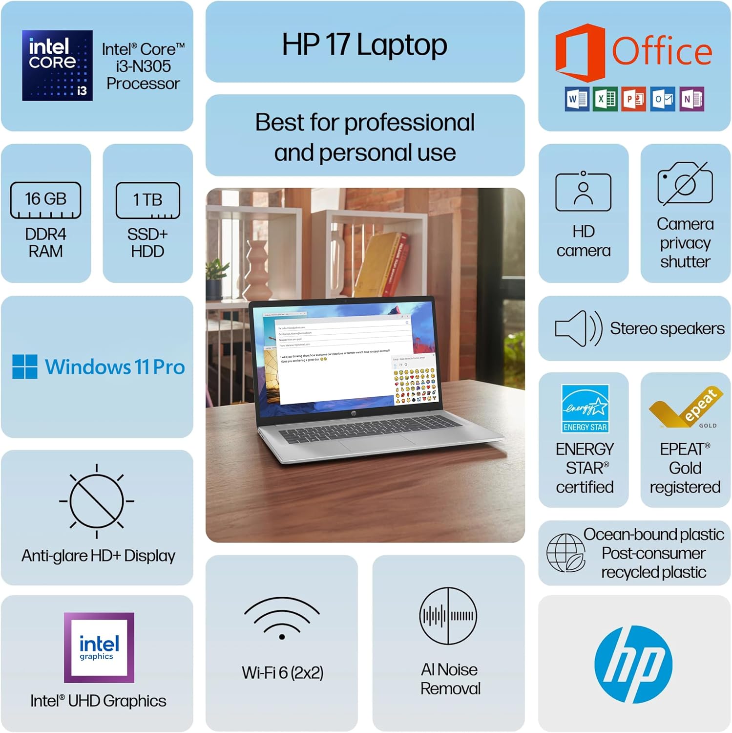 HP 17 Laptop Business 2025, Lifetime MS Office, 17.3" HD+ Computer, 8-Core Intel i3 Processor, 16GB RAM, 1TB Storage (500GB SSD + 500GB Ext), Wi-Fi 6, Long Battery, MarxsolAccessory, Win 11 Pro