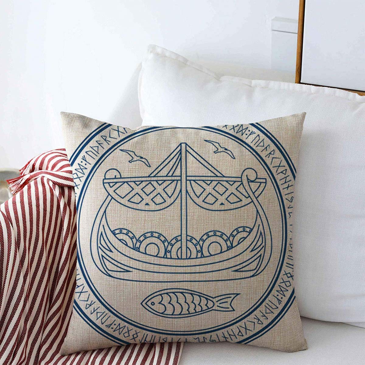 Starolal Pillow Case Norse Blue Asgard Warship Vikings Drakkar Circle Odin Runes Vintage Ancient Barbarian Boat Colored Farmhouse Decorative Throw Pillows Covers 16"x16" for Bed Couch Decorations