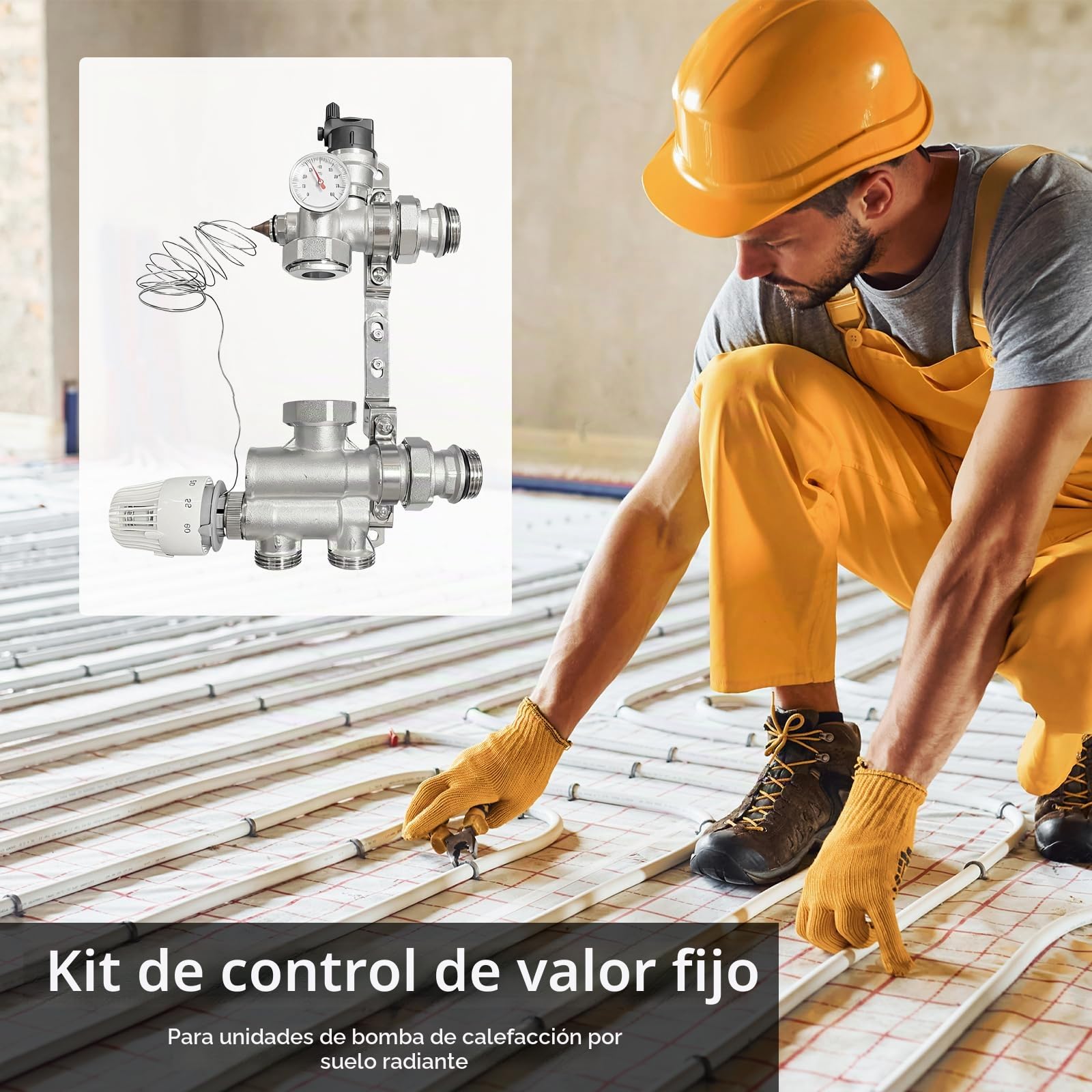 Conjunto Control Valor Fijo Para Calefacción Por Suelo Radiante, Ajustable 20 A 70 °C Con Válvula Mezcladora Y Cabezal Termostático Indicador Temperatura Para Calefacción Central Colector (Sin Bomba)