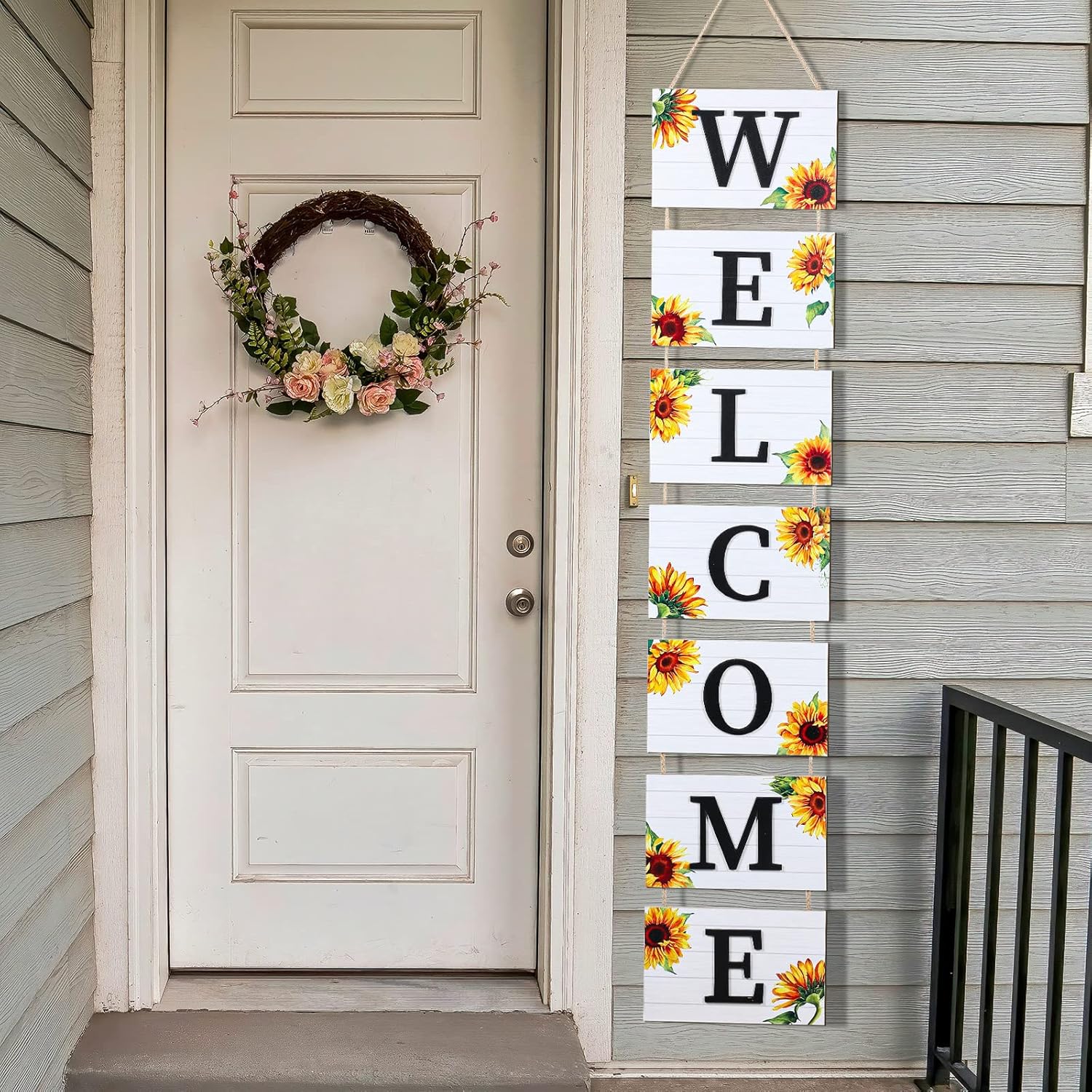 Threan 59 Inch Sunflower Welcome Sign Wooden Porch Sign 3D Welcome Hanging Wall Signs with 7 Sunflower Panels Farmhouse Front Porch Summer Outdoor Decor Rustic Wooden Signs for Home Kitchen Garden