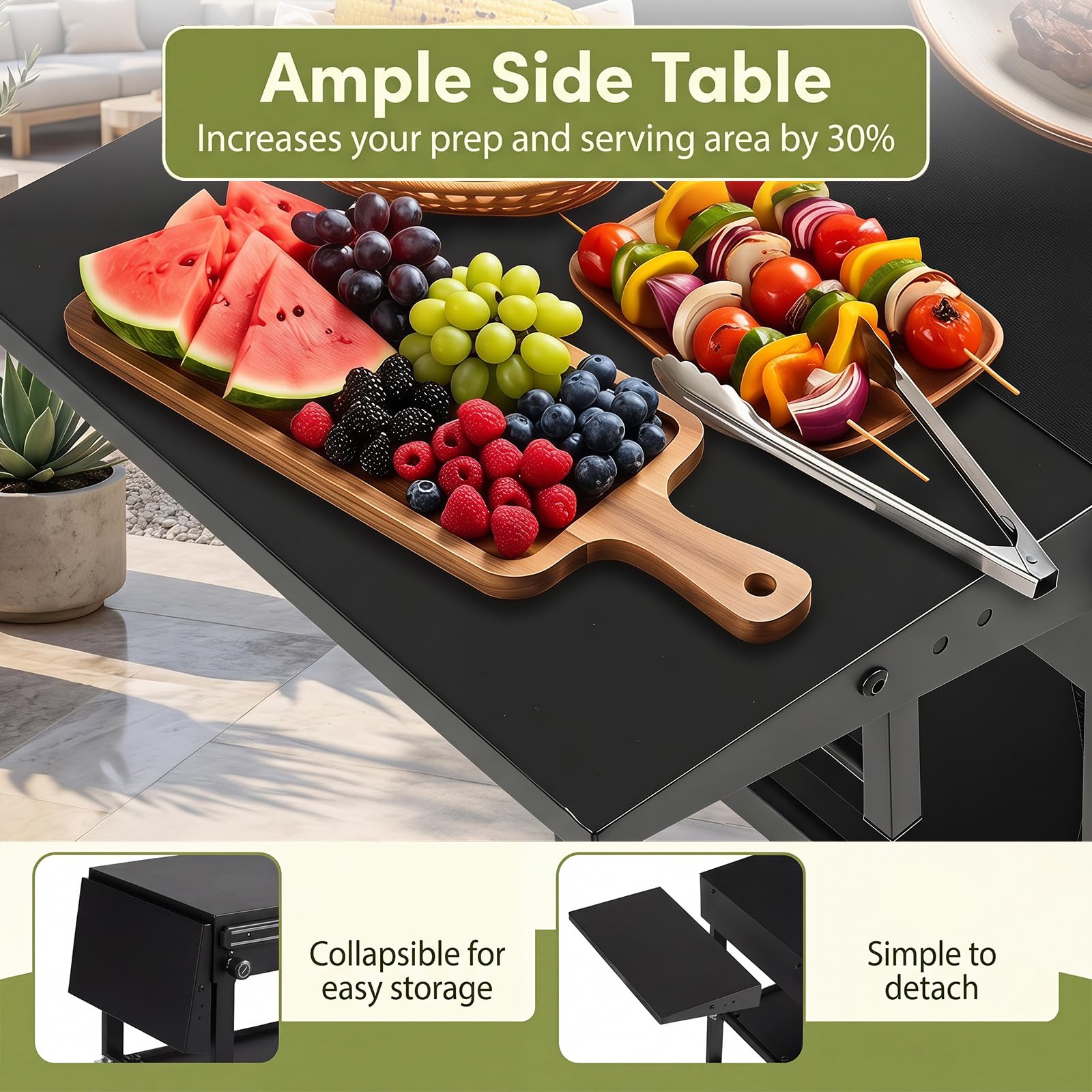 KOMFOTTEU Carrello Barbecue Portatile con 4 Ruote e Portautensili Magnetico | Carrello Cucina da Giardino con Ripiano Portaoggetti, Portaspezie, Apribottiglie e Ganci, 118x43x88 cm