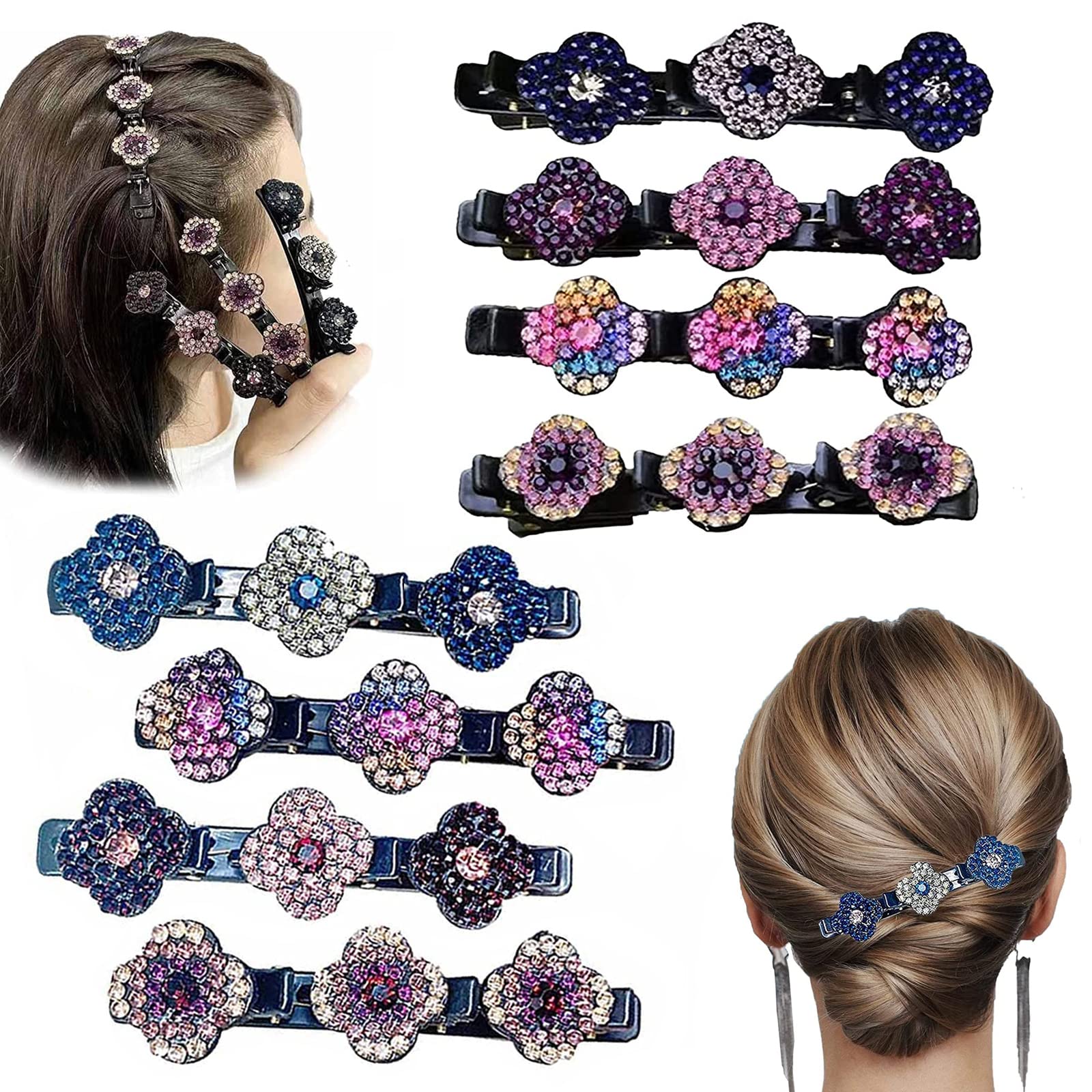 8 PCS Sparkling Crystal Stone Braided Hair Clips,Rhinestone Hair Clips Hairpin Duckbill Clip,With 3 Small Clips Braided Hair Clip with Rhinestones for Women/Girls (A)