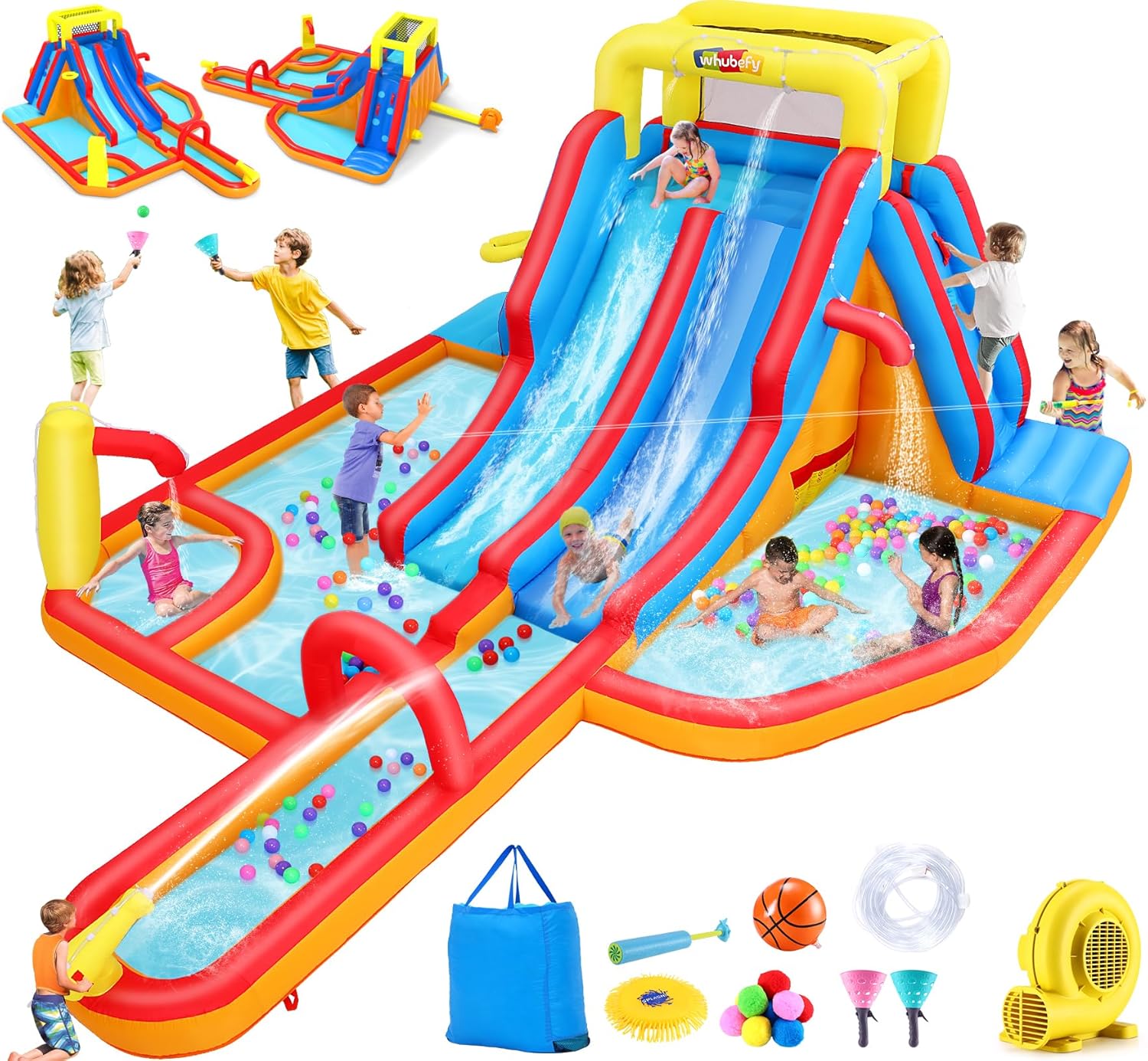 Whubefy 18x14FT Mega Inflatable Water Slide for Kids w/Extra Long Slide, 15-in-1 Wet or Dry Waterpark Bounce House - Dual Slide/2 Climbing Wall/Giant Splash Pool/Basketball Rim/Water Cannon/Blower