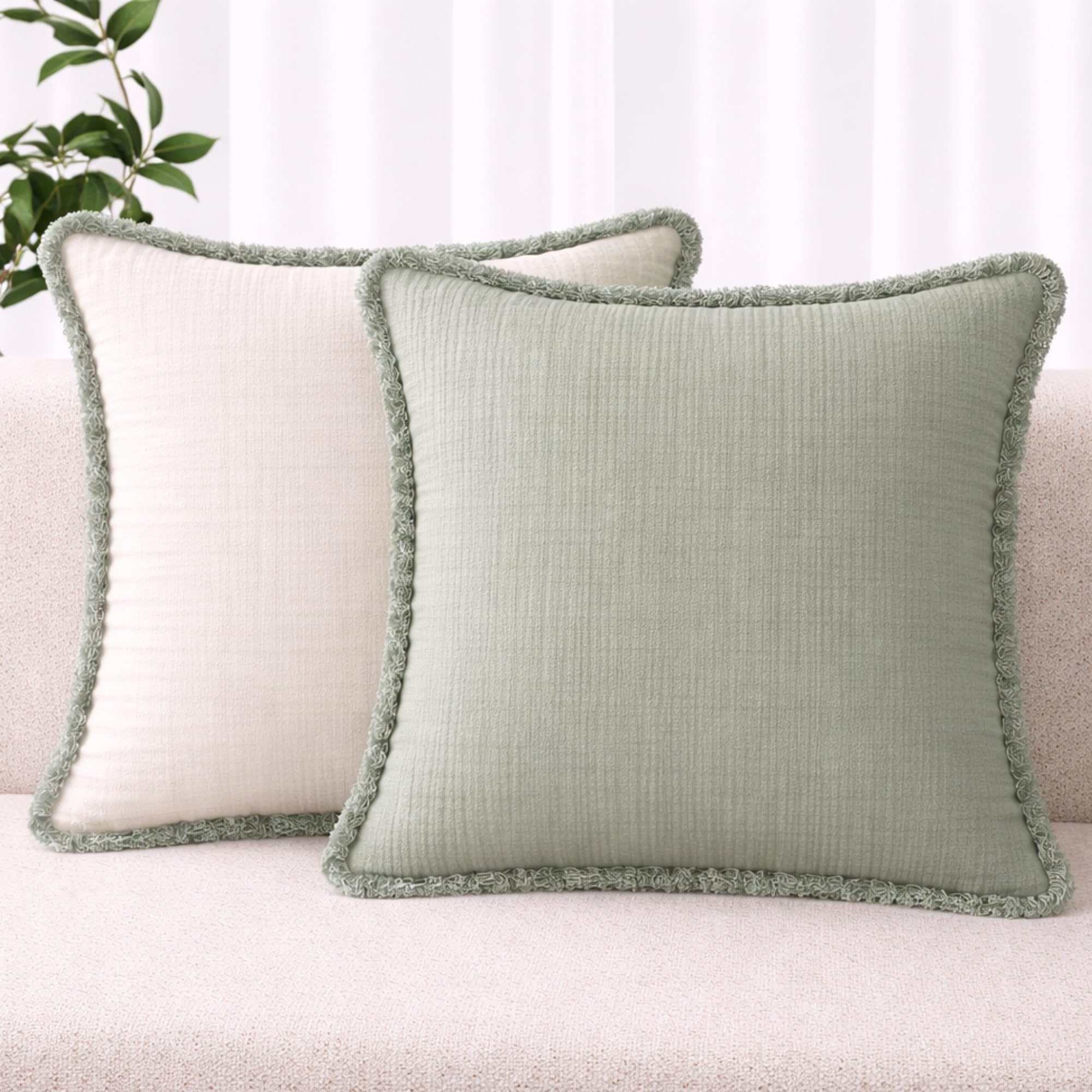Folkulture Gauze Cushion Covers, Set of 2, (18x18 Inch) Reversible Dual Sided Decorative Pillows for Couch | 100% Cotton | Sage Green & Beige Cushion Covers | Farmhouse Cushions-image-32
