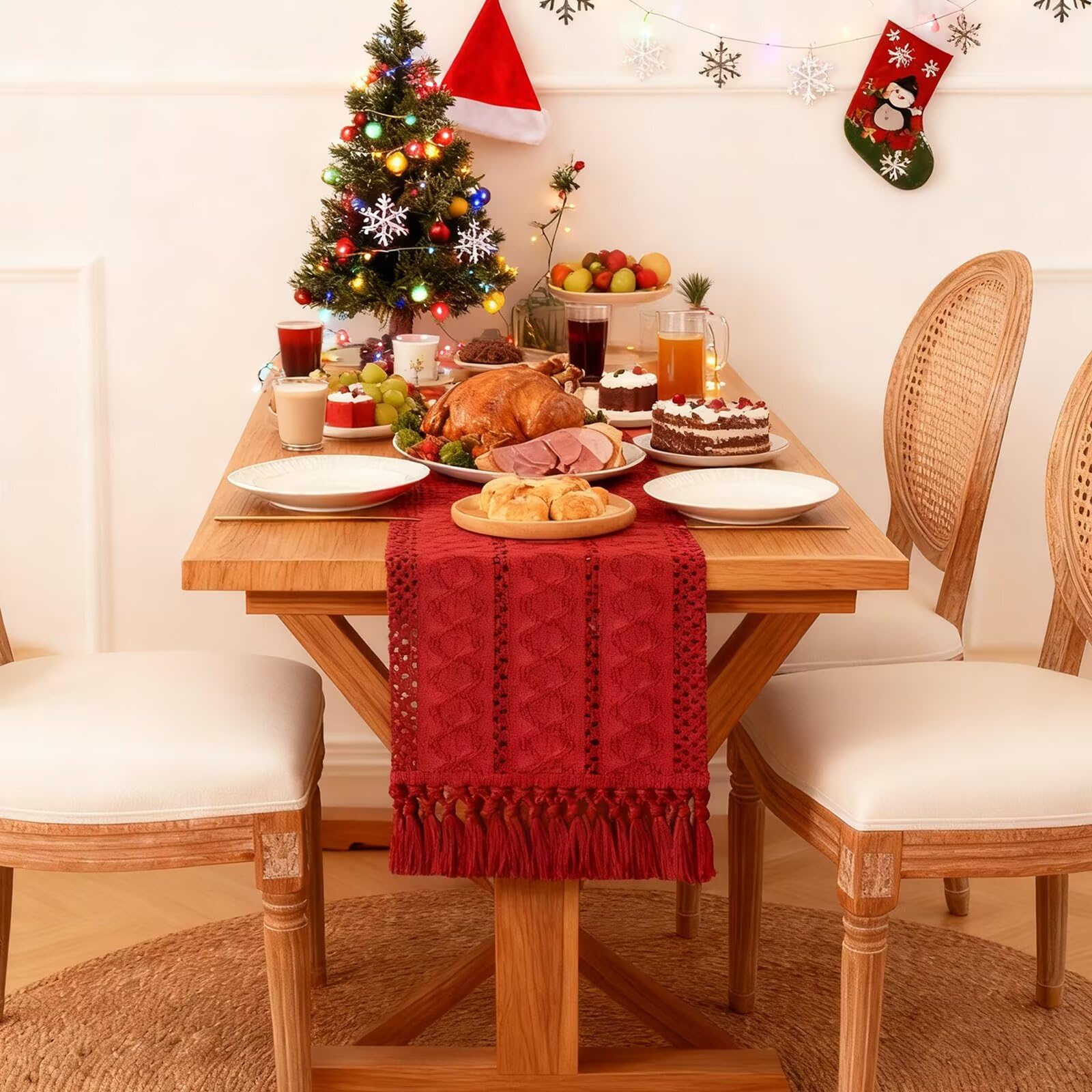 30 cm x 183 cm Christmas Table Runner for Home Decor with Tassels Long Farmhouse Rustic Boho Table Runner Macrame Burlap Table Decoration for Living Room Bridal Shower