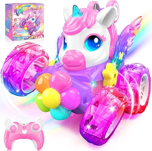 Coches RC de unicornio para niñas, juguetes con alas de cristal brillantes y luces de ojos, rotación de 360, auto de acrobacias de unicornio,