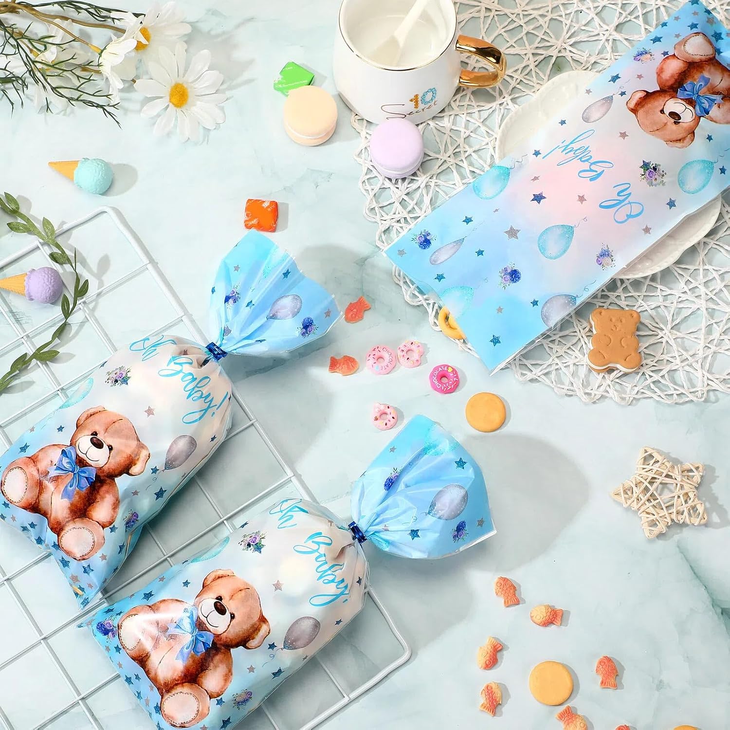 Pajean 100 Pack Bear Baby Shower Treat Bags Bear Cellophane Bulk Plastic Goodie Candy Gift Bags with Metallic Twist Ties for Gender Reveal Birthday Party Favors(Blue)