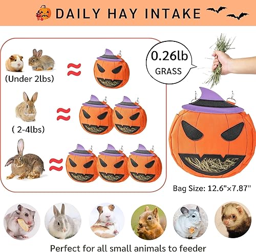 Miniatura 10 de JanYoo Bolsa alimentadora de heno de conejo para jaula de conejillos de indias, dispensador de heno Timothy, organizador de almacenamiento, grande