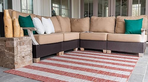 Miniatura 2 de Unique Loom Outdoor Striped Collection - Alfombra envejecida a rayas (4 pies 1 pulgada x 6 pies 1 pulgada, rectangular, rojo óxido y gris)