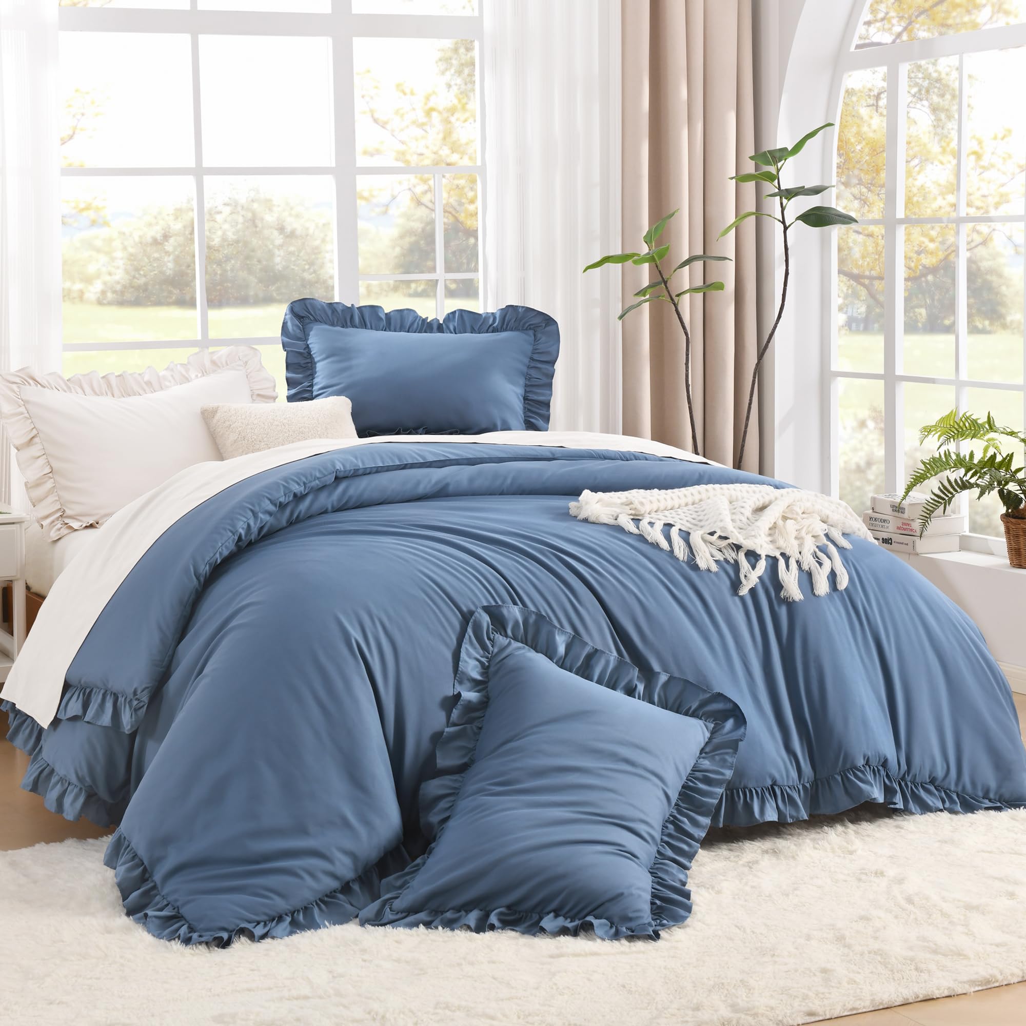 Litanika Full Comforter Set, 3 Pieces Ocean Blue Ruffle Bedding Set