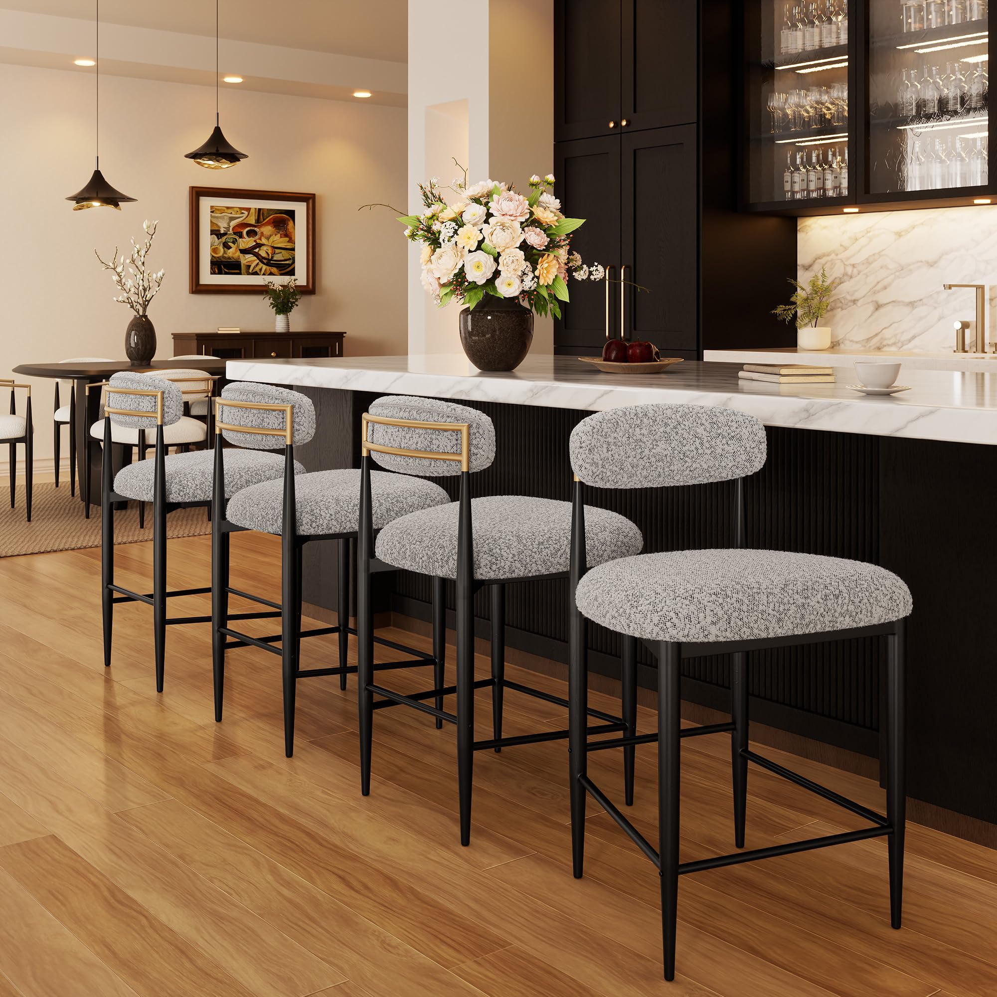 Morden Fort Counter Height Bar Stools Set of 4, Modern Upholstered Counter Stools with Black Metal Legs, Boucle Island Chairs for Kitchen, Dining Room