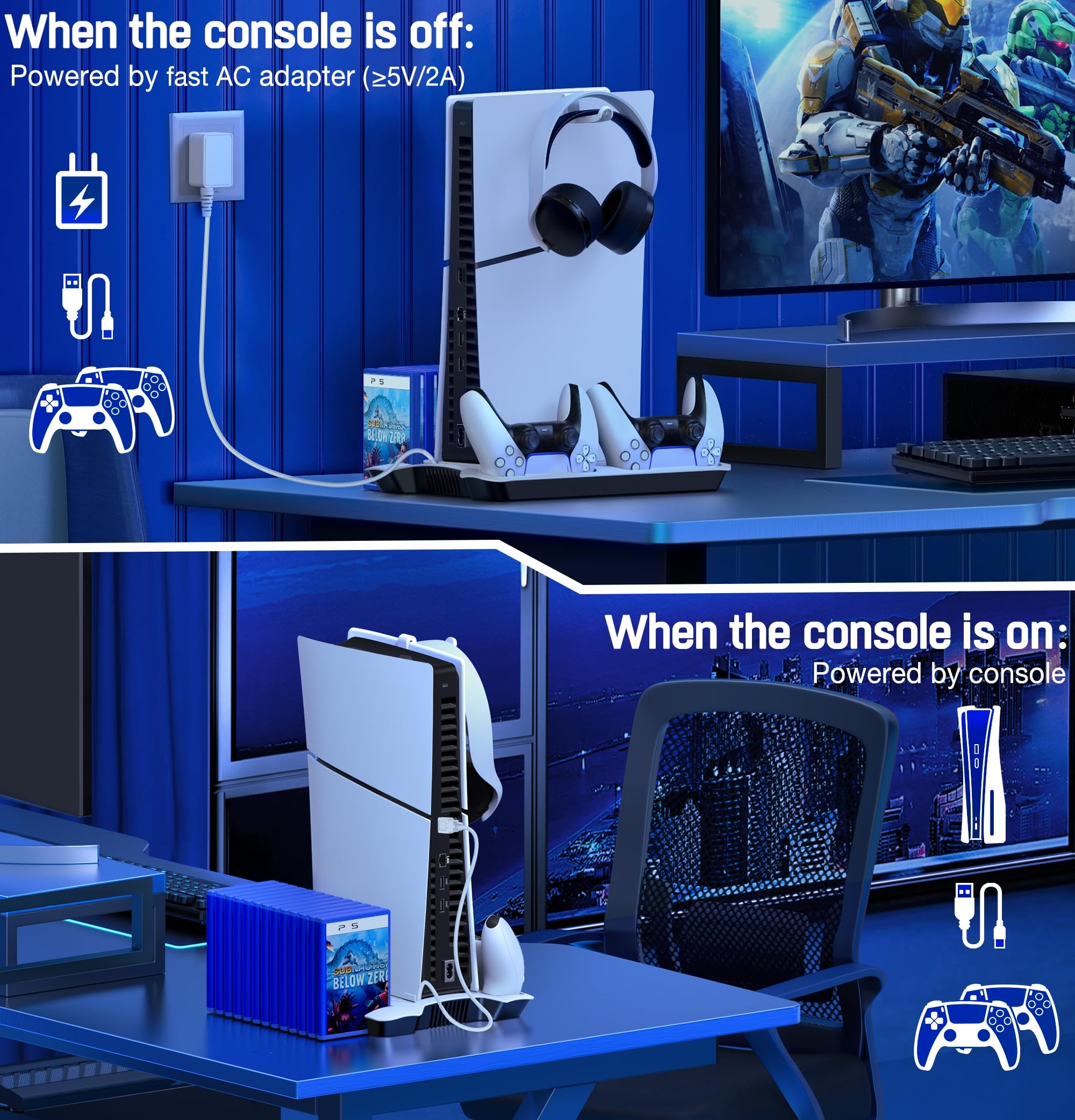 Supporto di raffreddamento per PS5 con caricatore del controller, supporto per PlayStation 5 con ventola di raffreddamento a 3 livelli, accessori PS5 con organizer da 13 giochi, supporto per