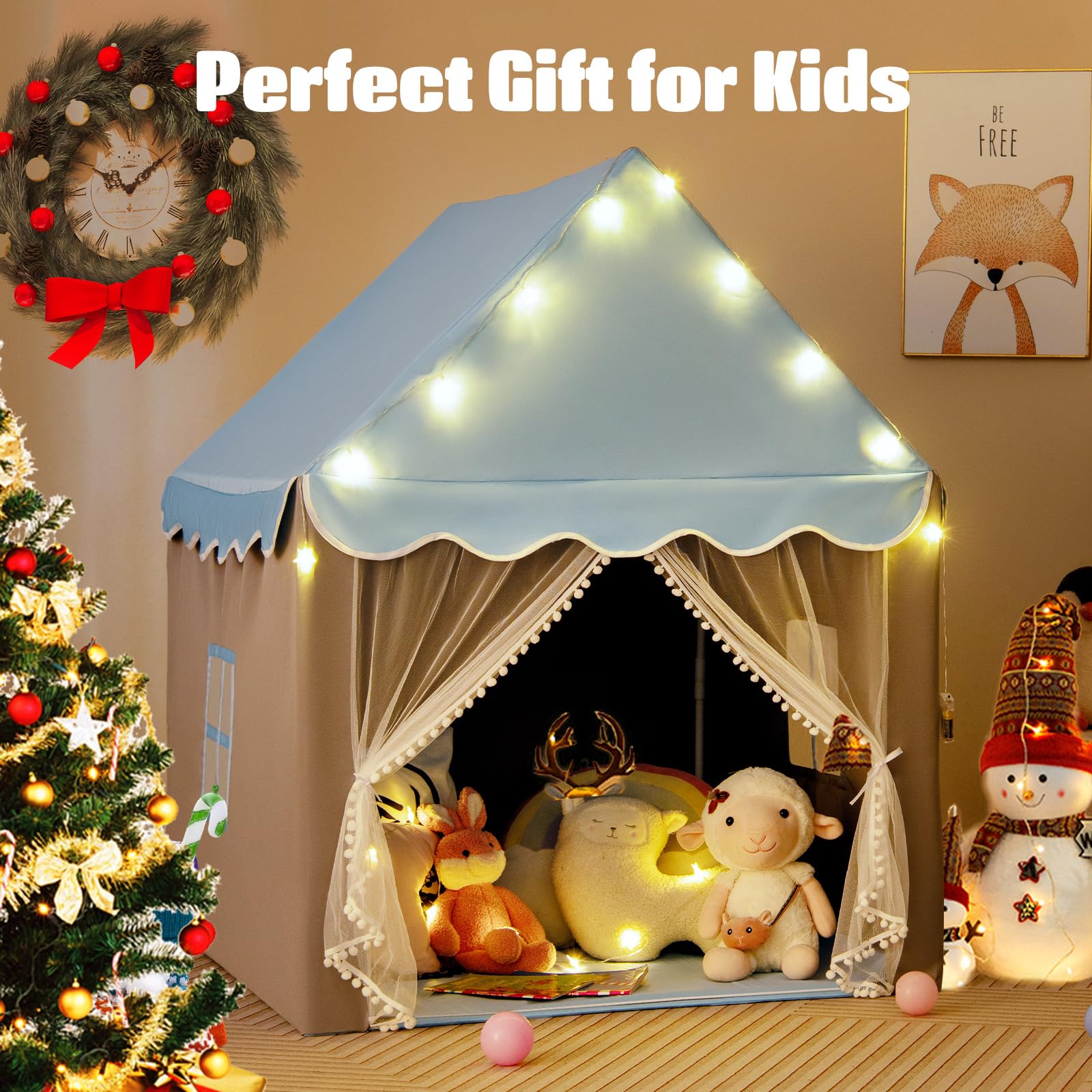 HOMASIS Tenda da Giochi per Bambini, Casetta per Bambini Interna con Tappeto Lavabile e Luci a Forma di Stella, Casa Giochi con Porta e Finestre, 105 x 121 x 136 cm (Blu)