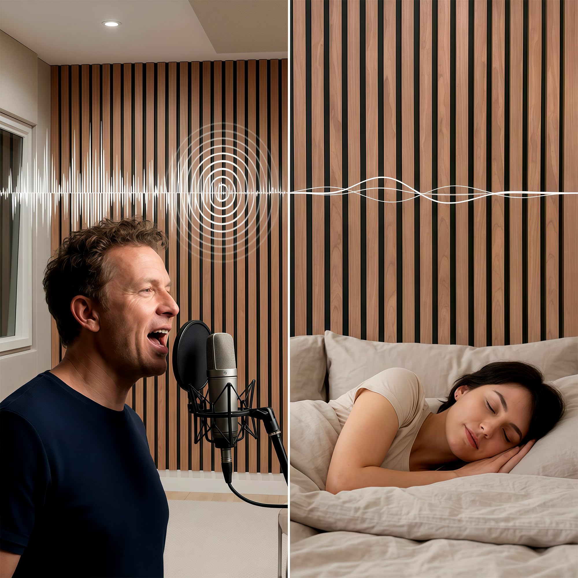 Brstheco Akustikpaneele Holz 120x60cm Packung mit 2 Eiche Holzoptik Lamellenwand 3D Holzpaneele Acoustic Wandverkleidung Wall Panels für Wohnzimmer Schlafzimmer Büro, Wanddeko Lamellen