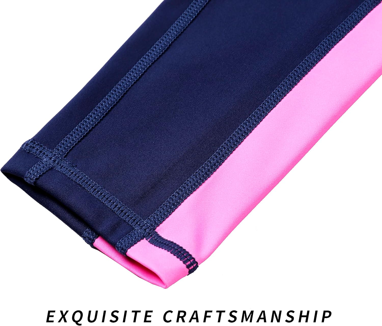 Girls' Colorblock Athletic Leggings with Pockets, High Waisted Yoga Pants， Quick-Dry Stretchy Running Dance Tights