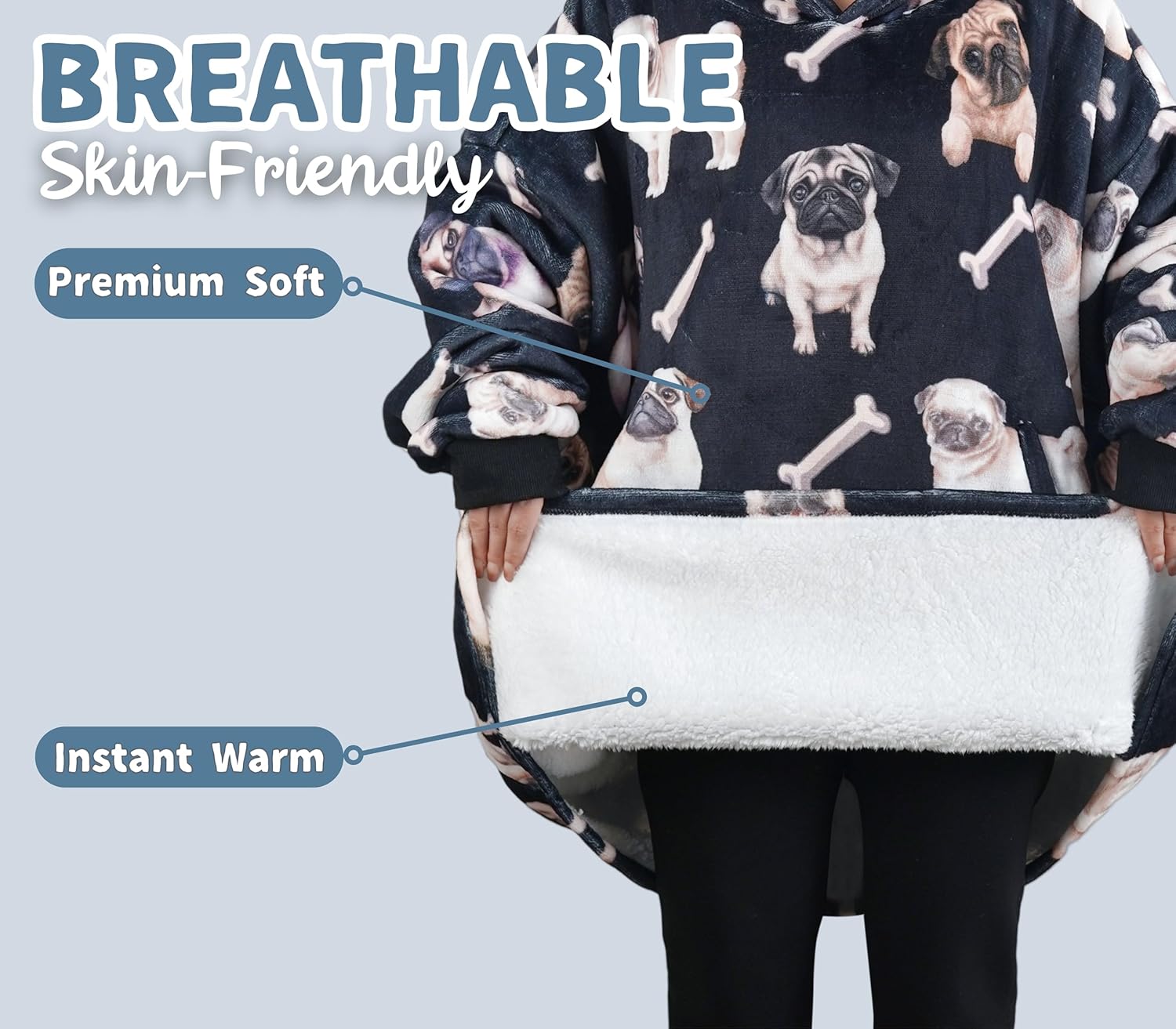 Pug Gifts Wearable Blanket Hoodie, Oversized Wearing Blanket for Pug Lovers - Watercolor