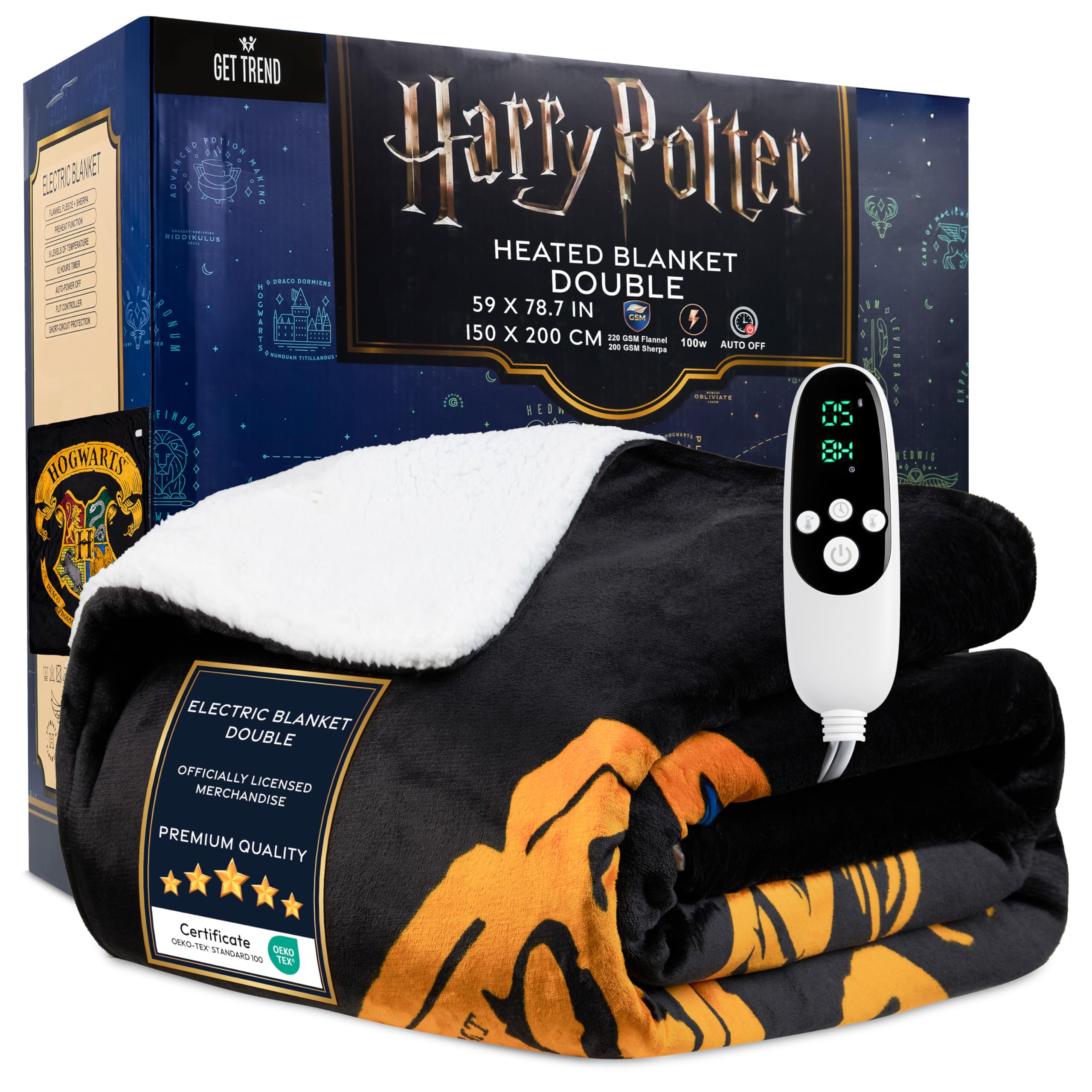 Harry Potter Electric Blanket 150x200cm, Double Size Soft & Luxurious Sherpa Fleece Heated Blanket, 9 Heat Settings & 12-Hour Auto-Off Timer (Black Harry Potter, Double UK)