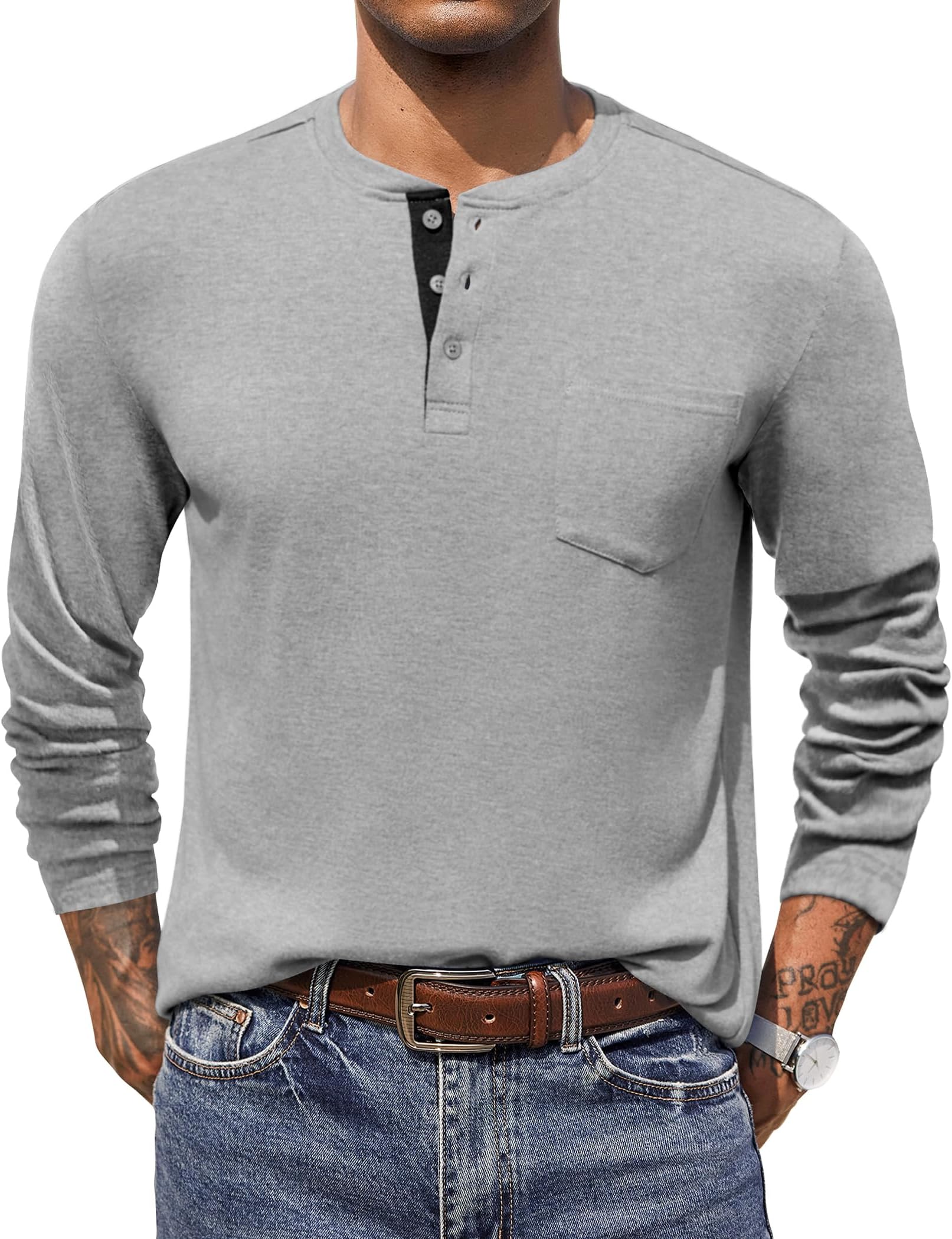 Men Long Sleeve Henley Shirs Casual Basic T Shirts Soild Button Tees with Pockets