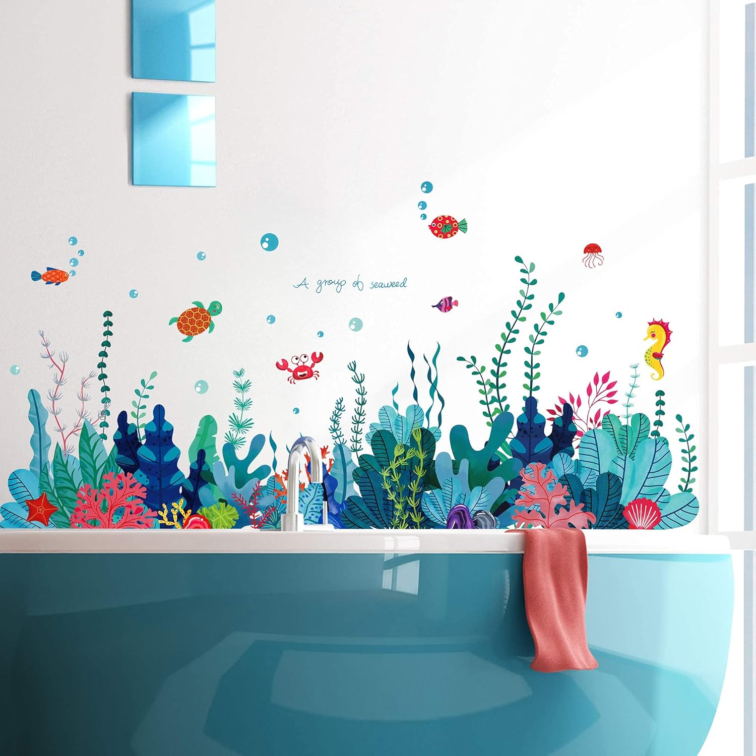 RW- 6794 Removable 3D Under The Sea View Grass Wall Decal DIY Ocean Coral Seaweed Wall Stickers Murals Peel and Stick Home Wall Decor for Kids Bedroom Bathroom Girl Nursery Wall Corner Decoration (A) : Baby