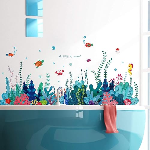 Miniatura 6 de RW - 6794 - Adhesivo de pared extraíble 3D bajo el mar con vista al mar, calcomanías de pared de algas marinas coral océano, murales para despegar y