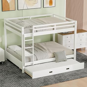 Modern Bunk Bed Queen Over Queen Size with Built-in Ladder and Twin XL Size Trundle Bed, Wood Bunk Bed Frame with Guardrail for Kids Teens Adult, Maximize Space White-6.11