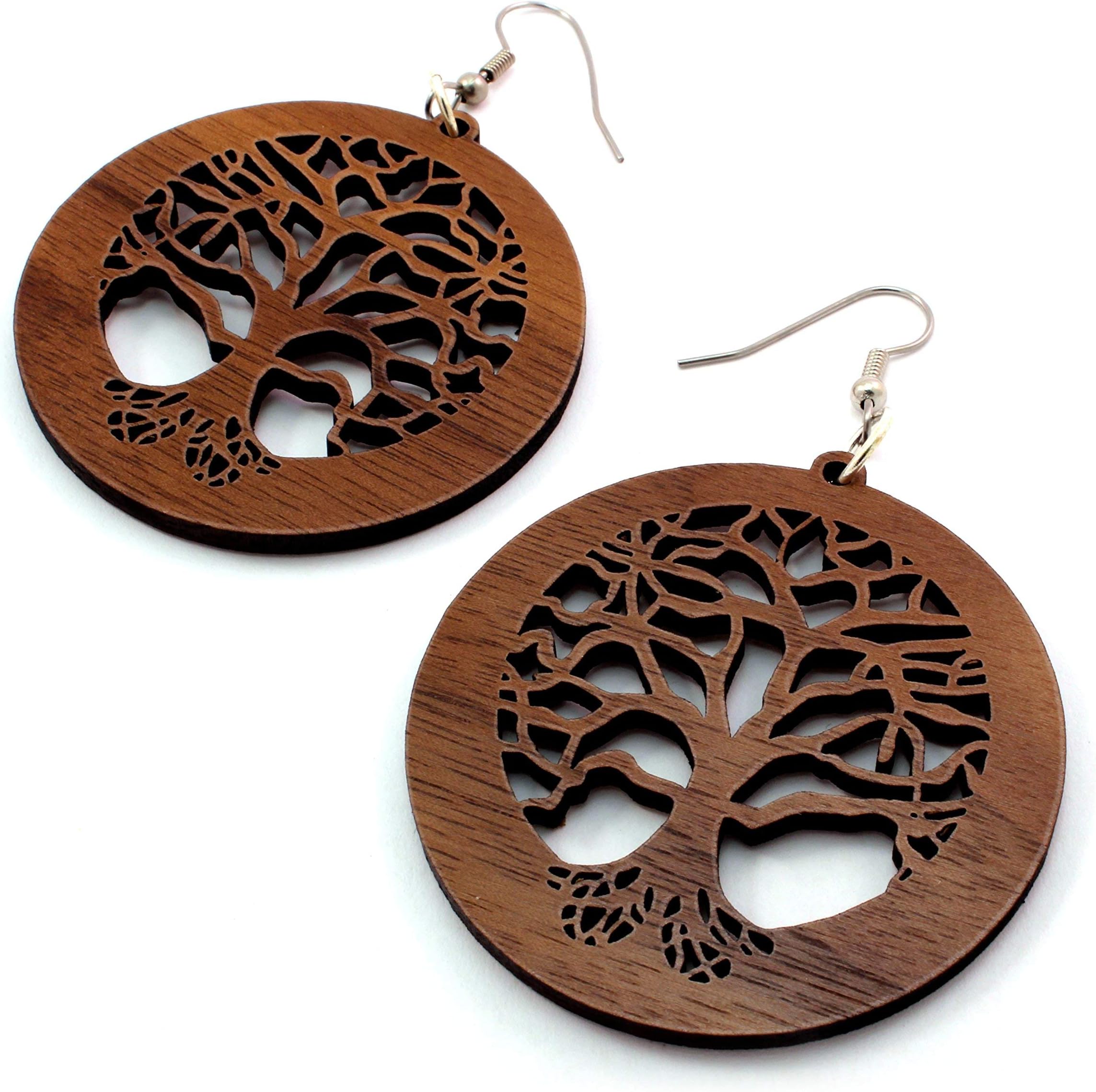 Tree of Life Earrings made of Sustainable Walnut Wood - Large - Wooden Hook Dangle Drop Earrings