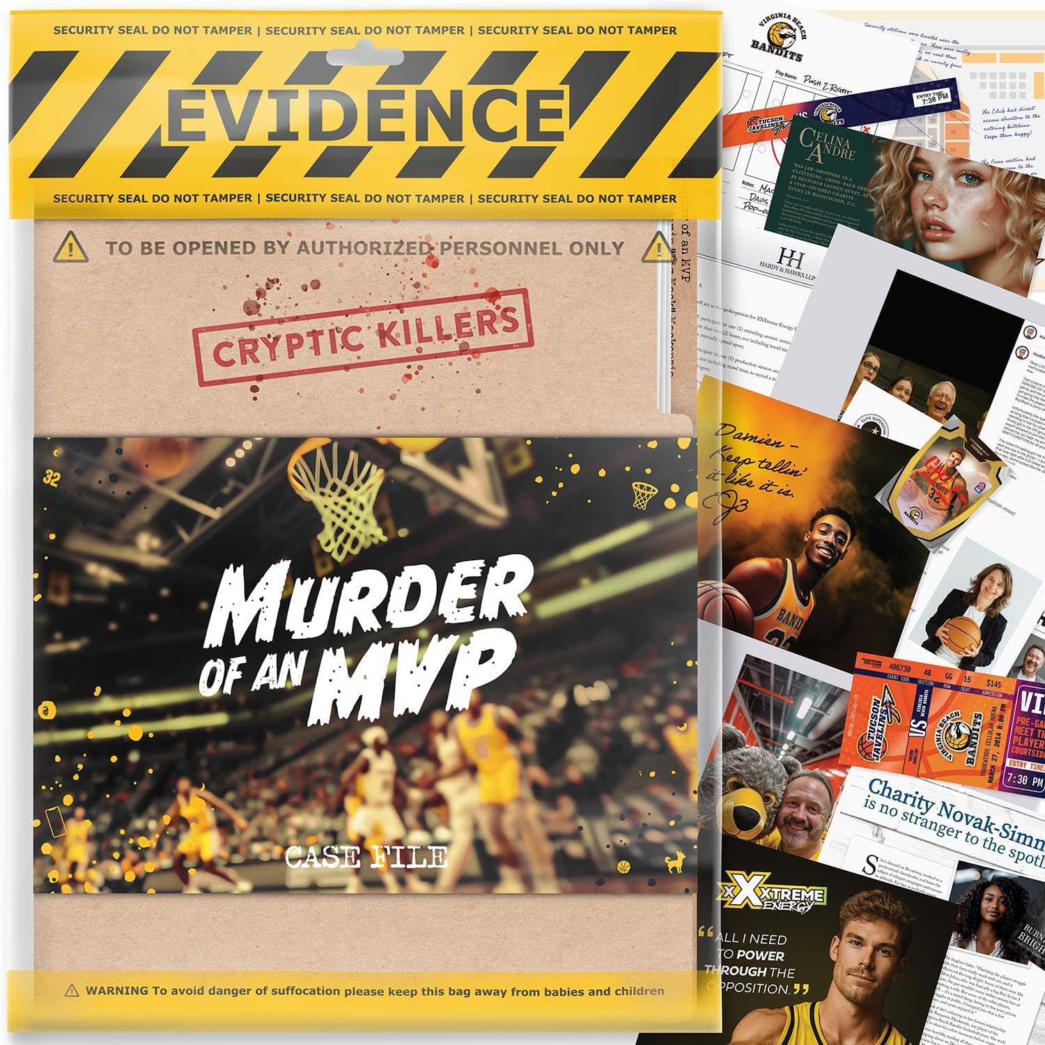 Cryptic Killers Unsolved murder mystery game, Murder of an MVP, Cold Case Files Investigation, Detective clues/evidence