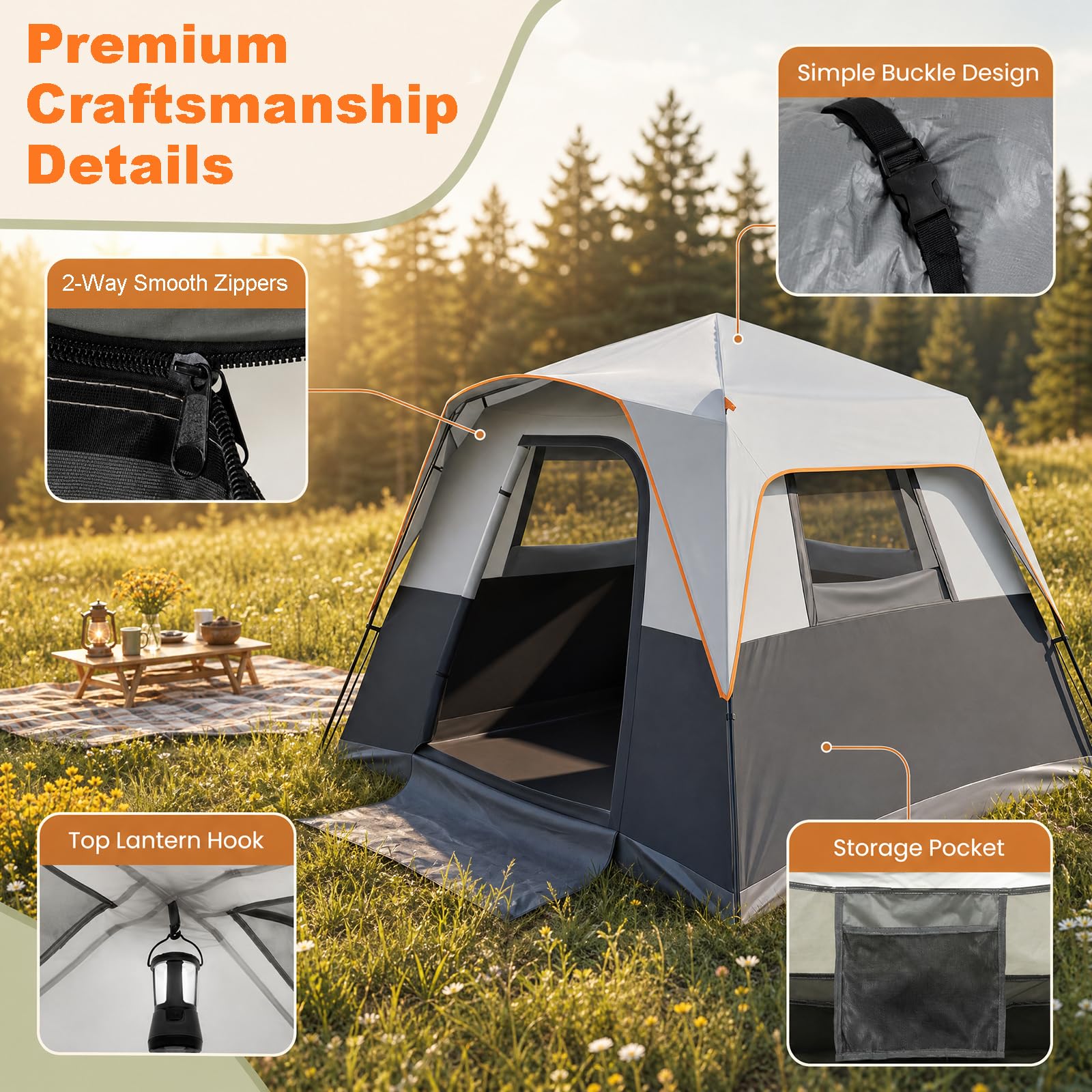 HOMASIS Tenda da Campeggio per 5-6 Persone, 276 x 275 x 185 cm | Tenda a Cabina da Esterno Impermeabile con Porta, Finestre e Lucernari in Rete, Borsa da Trasporto, per Viaggi e Escursionie
