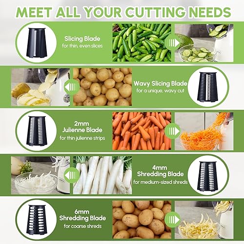 Miniatura 5 de Rallador rotativo de queso con asa, cortador de verduras y triturador de queso con 5 cuchillas de acero inoxidable, base de succión fuerte y caja de