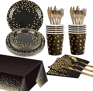 Black and Gold Party Supplies Serves 10, JMOCD 92PCS Disposable Dinnerware Set, Dinner/Dessert Plates, Cups, Napkins, Straws, Spoons, Forks, Knives, Banner, Tablecloth for New year, Graduation,Anniversary,Birthday, Holiday Party .