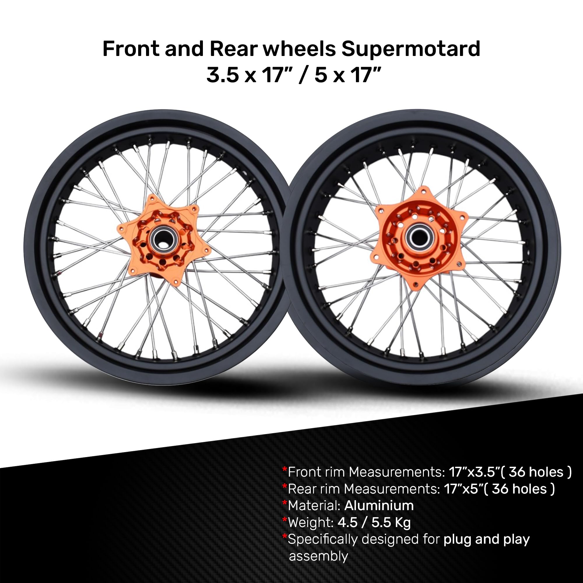 avdb-moto Cerchi Anteriore + Posteriore a Raggi 17" / 17" compatibile con KTM EXC 150 TPI 2020-2023, EXC 250 / SIX DAYS 16-20, HUSQVARNA FE 250 FE250 2016-23, GASGAS EC 250 21-23 Supermoto (Arancione)