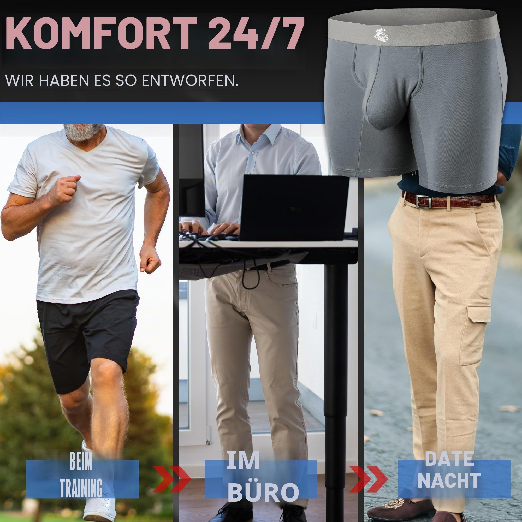 Real Men Bulge Enhancing Pouch Unterwäsche für Herren – 1 oder 3er Pack Set – Modal Boxershorts A, B oder D Pouch, B Pouch 17,8 cm 3er-Pack - Schwarz Blau Grau, X-Small