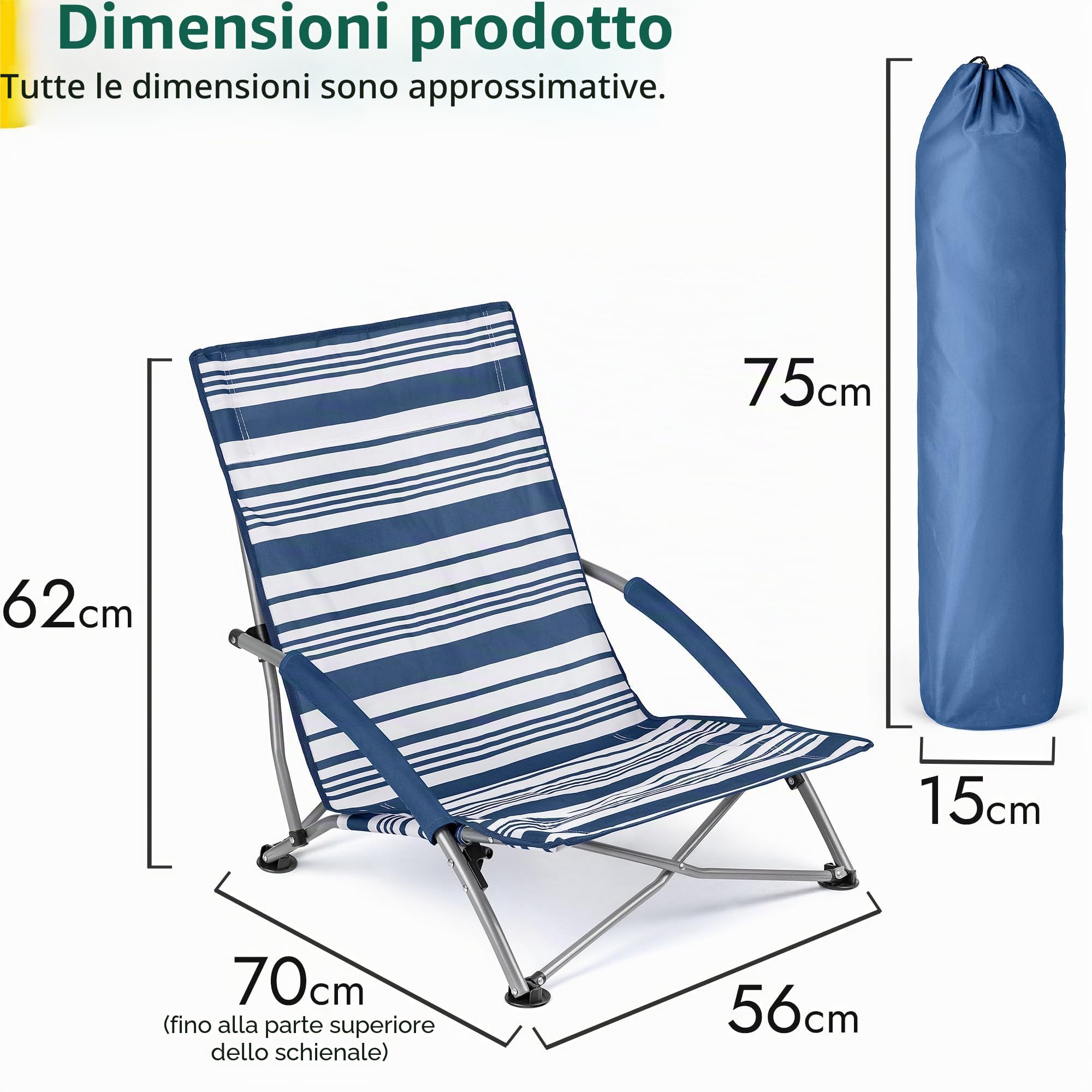 Sdraietta da Spiaggia Bassa Pieghevole Portatile con Piedini Anti Affondamento e Custodia