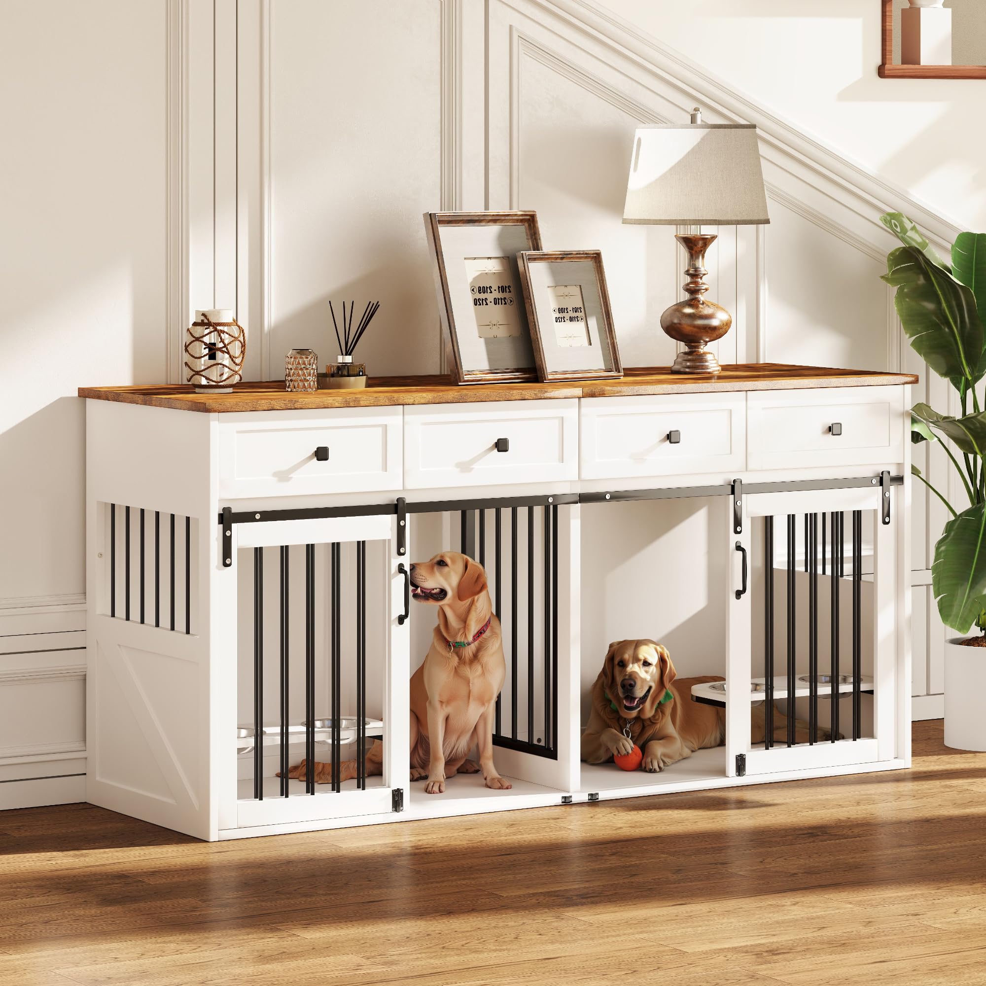 ( Similar ) Real Relax Large Dog Crate Furniture, 71 Multi-Purpose Dog House w/Double Rooms, Divider and Sliding Barn Door, Steel Frame Indoor Double Dog Crate for Medium Small Dogs, White