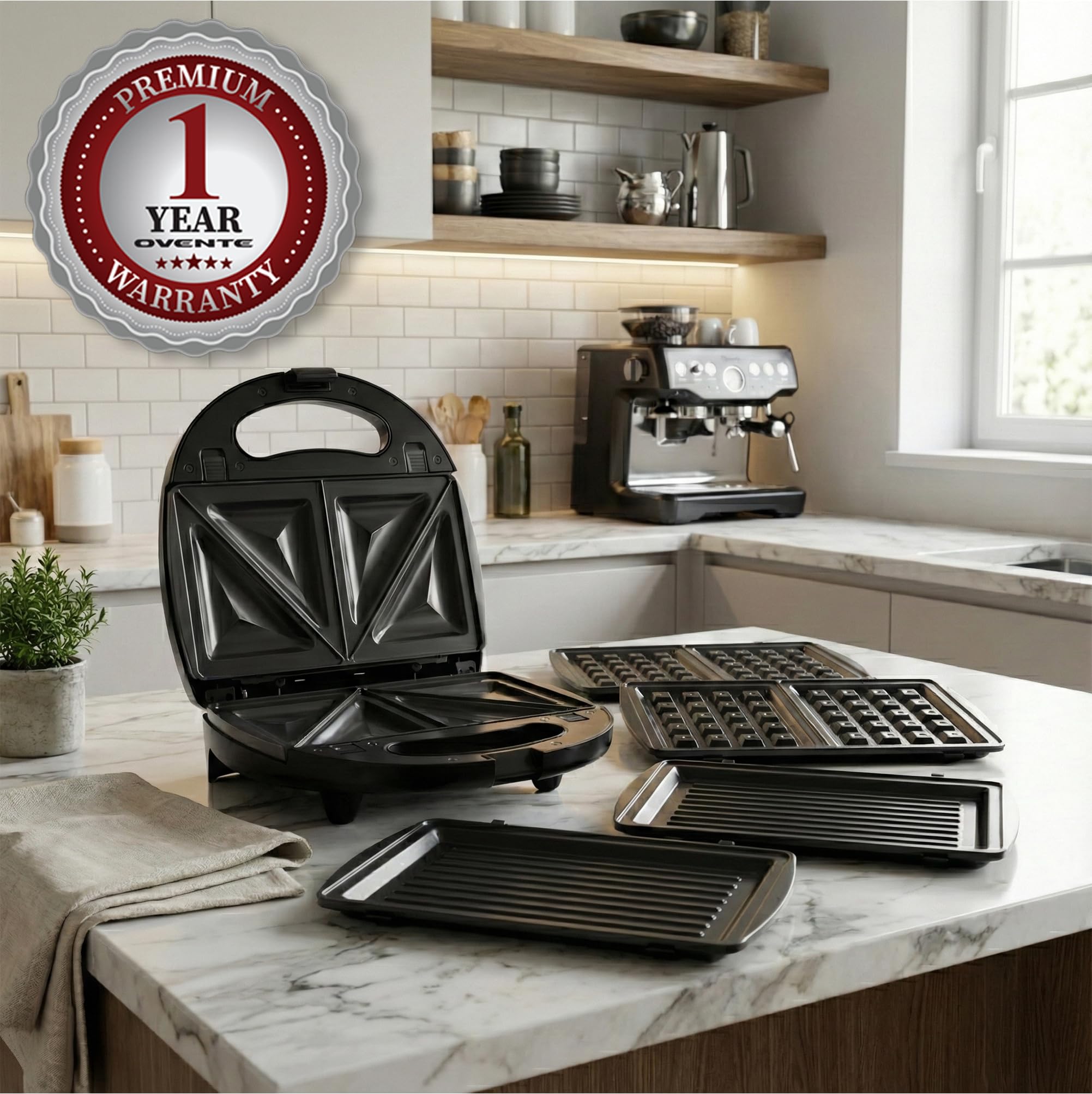 OVENTE 3 in 1 Electric Sandwich Maker, Panini Press Grill and Waffle Iron Set with Removable Non-Stick Plates, Perfect for Cooking Grilled Cheese, Tuna Melts, Burgers, Steaks and Snacks, Black GPI302B