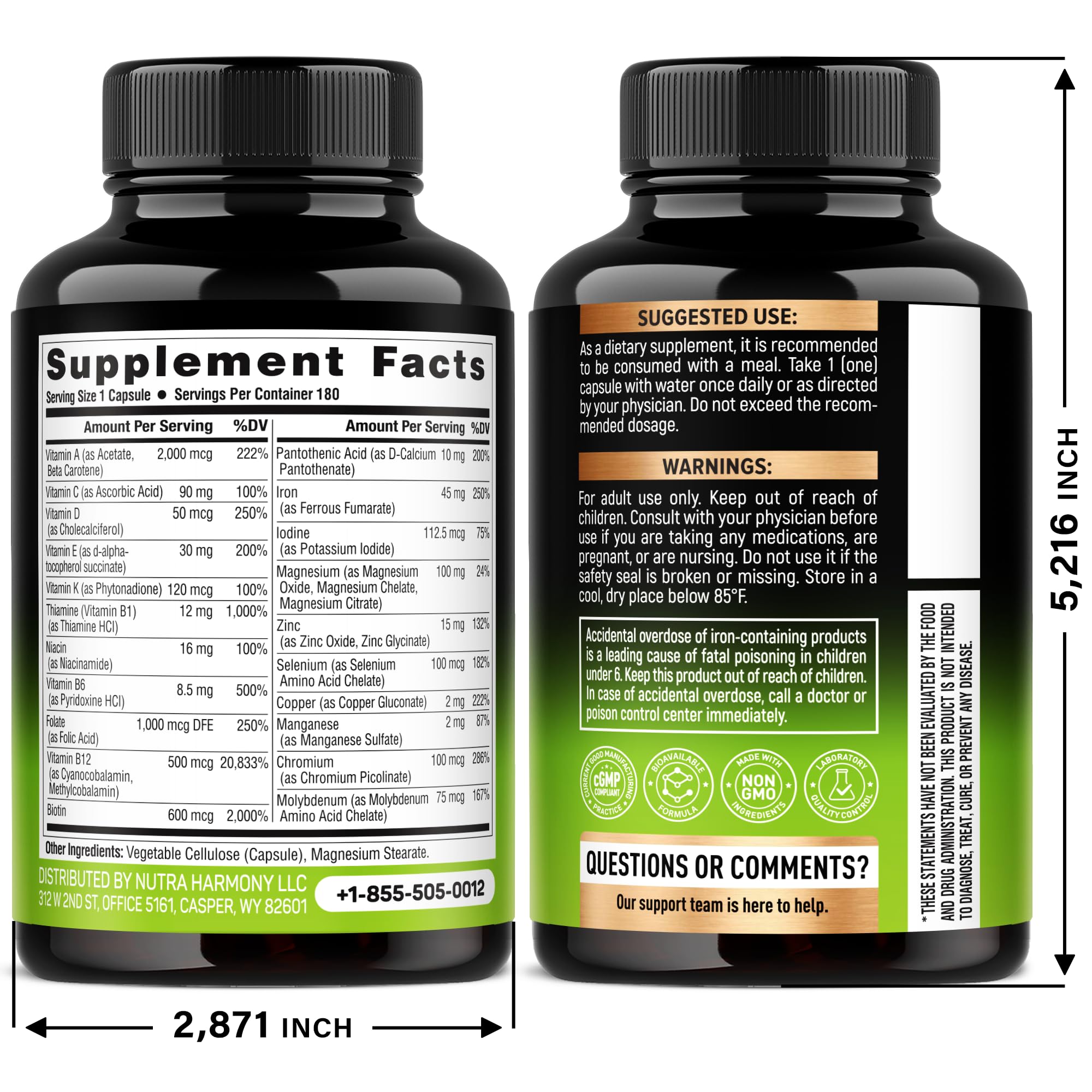 Bariatric Multivitamin - 45 mg Iron Supplements - Made in USA - for Women & Men - All-in-One, 21 Essential Vitamins - Gastric Sleeve Support - Free of Sugar, Gluten & Soy - 180 Capsules, Once Daily