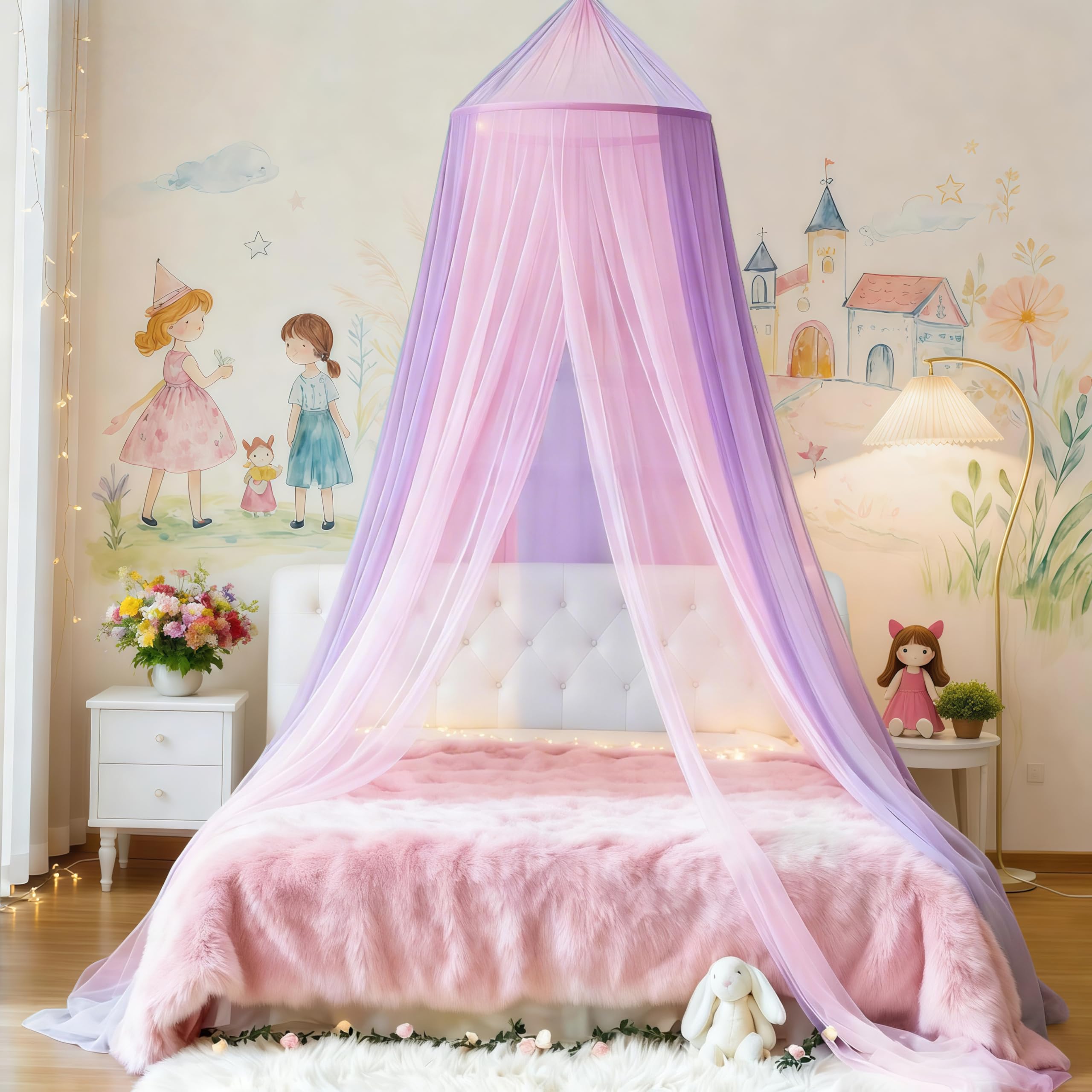 Two-Tone Bed Canopy Mosquito Net, Bed Canopy for Girls Room Decor - Insect Protection Hanging Canopy for Indoor(Pink+Purple)