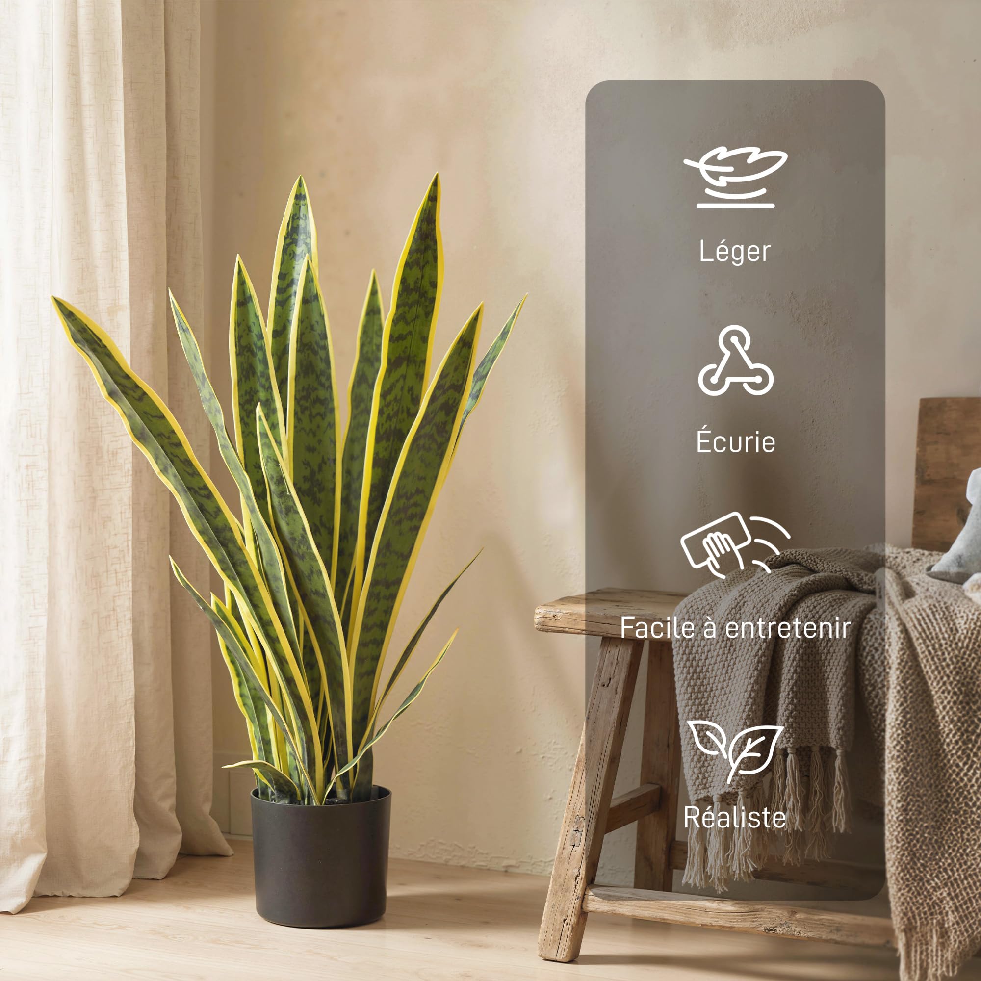 Outsunny Plante Artificielle Sansevieria 77 cm, 21 Feuilles Ajustables | Fausse Plante, Intérieur Extérieur, avec Pot, Facile à Nettoyer, pour Bureau Salon Chambre