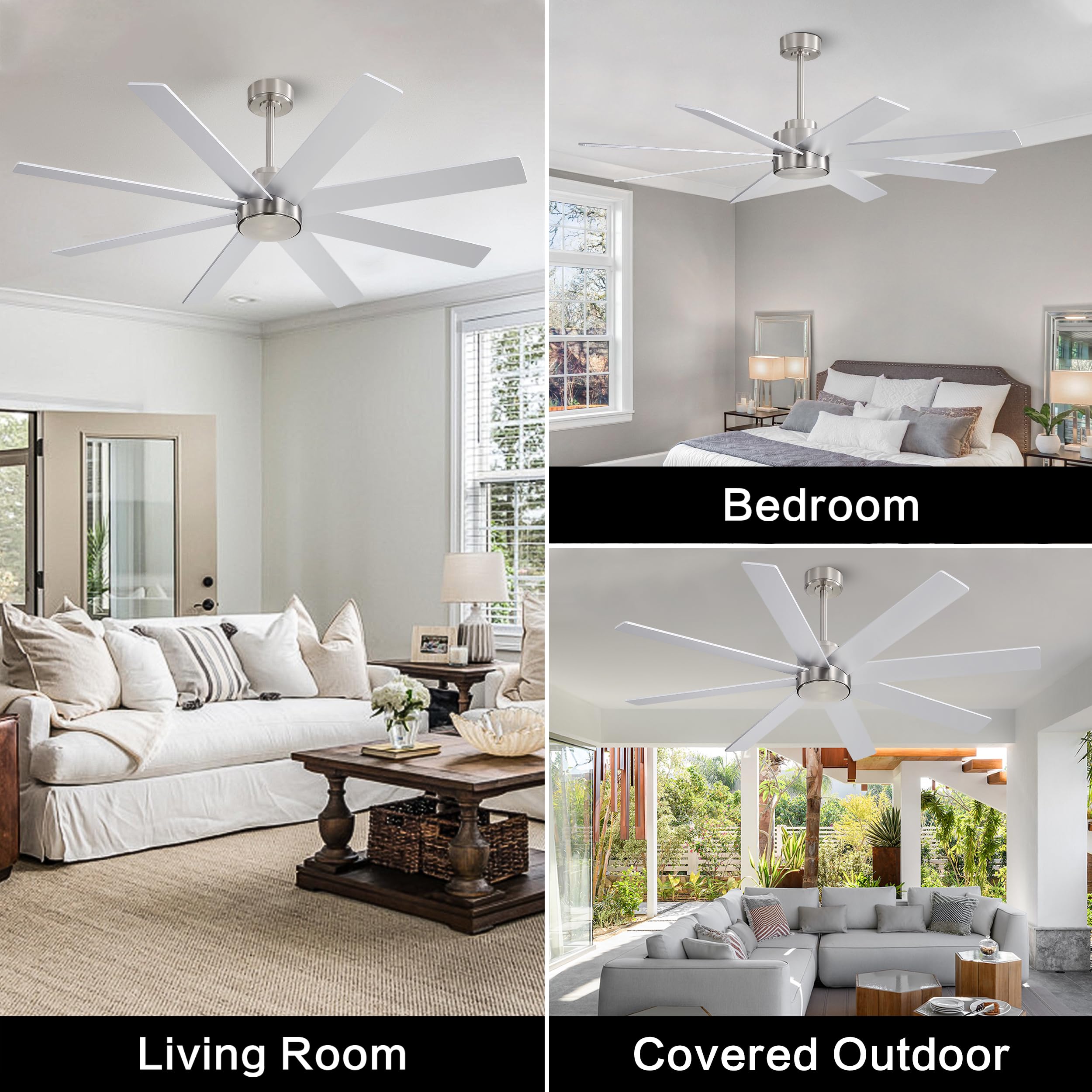 WINGBO 72 Large DC Ceiling Fans without Lights 3 Downrods 8 Plywood Blades 6-Speeds Reversible DC Motor Indoor — view 8