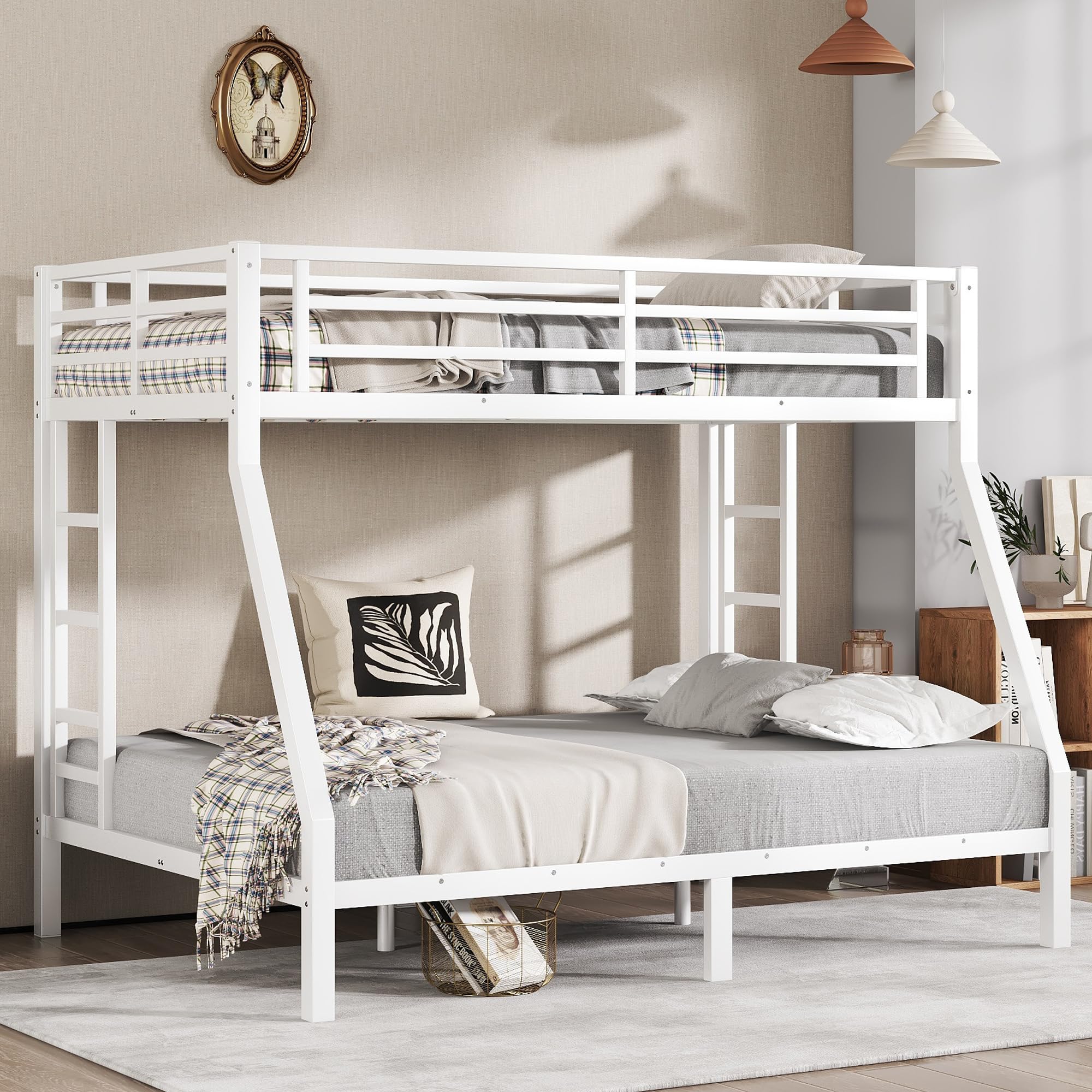 Twin Over Full Bunk Bed, Metal Bunk Beds with High Guardrail and Built-in Ladder, Heavy-Duty Twin Over Full Bunk Bed Frame for Kids,Teens, Adults,