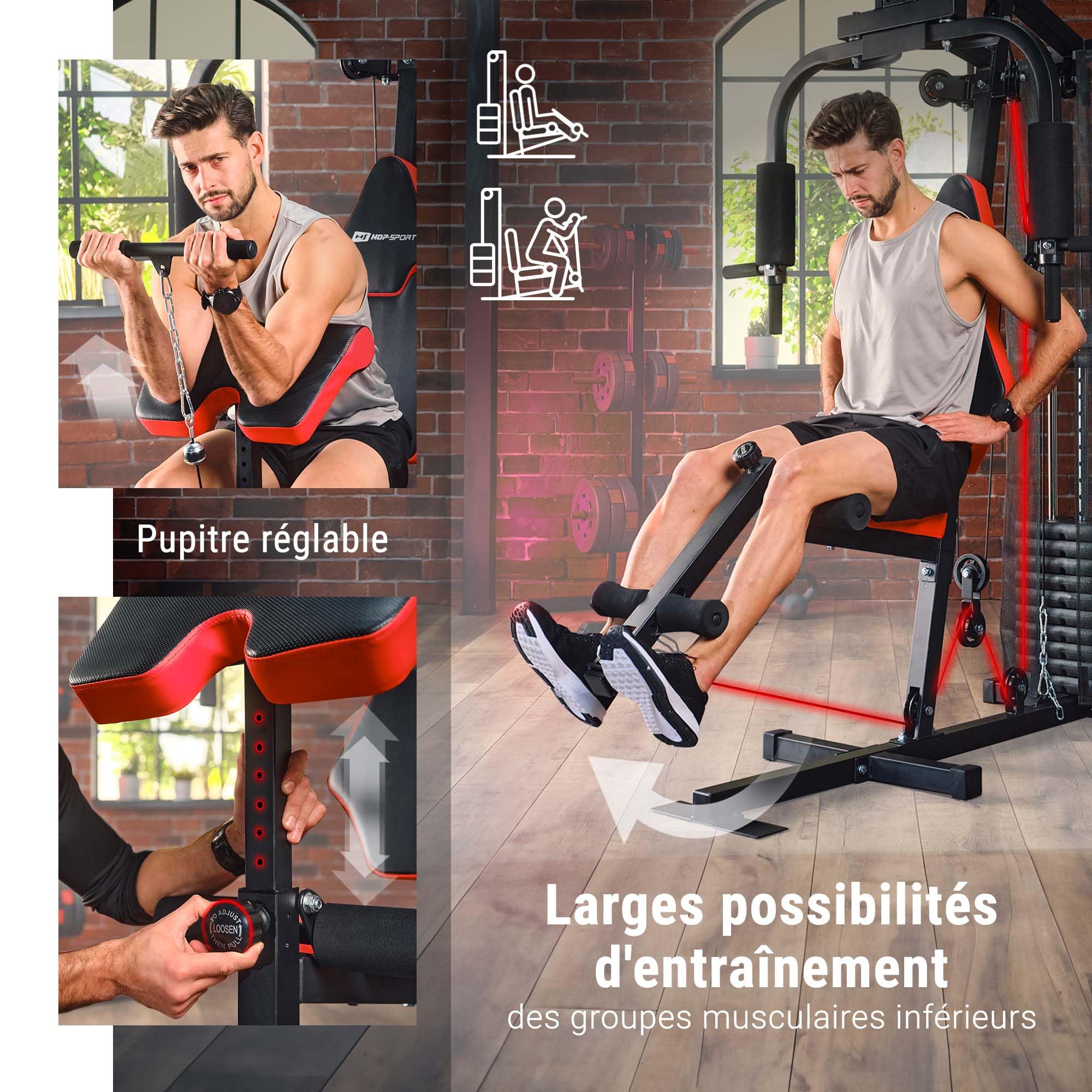 Hop-Sport Station de Musculation Multifonction Complet HS-1044K, Multigym avec 1 Station + 66 kg, Fitness Musculation Appareil avec poulie Haute, Papillon et tirage latéral